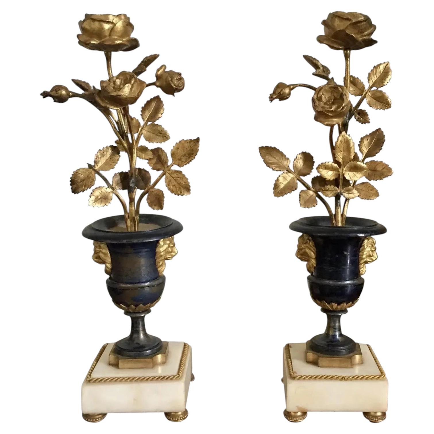 Pair 18th c. French Louis XVI Fire Gilt Bronze & White Marble Urn Candlesticks