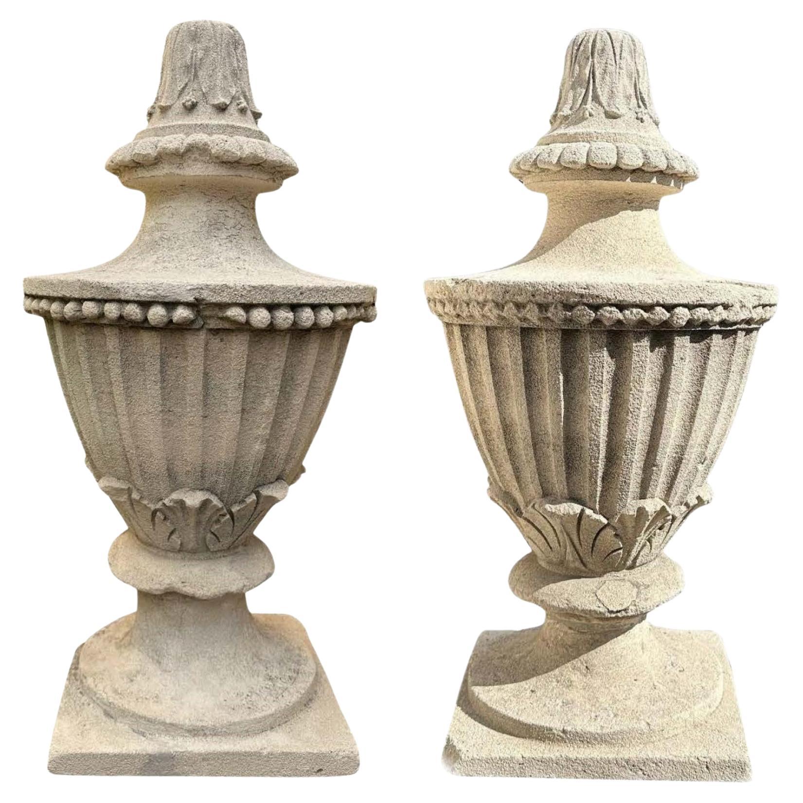 Pair 18th C. Hand Carved Stone Finials Architectural Element Urn Center Pieces