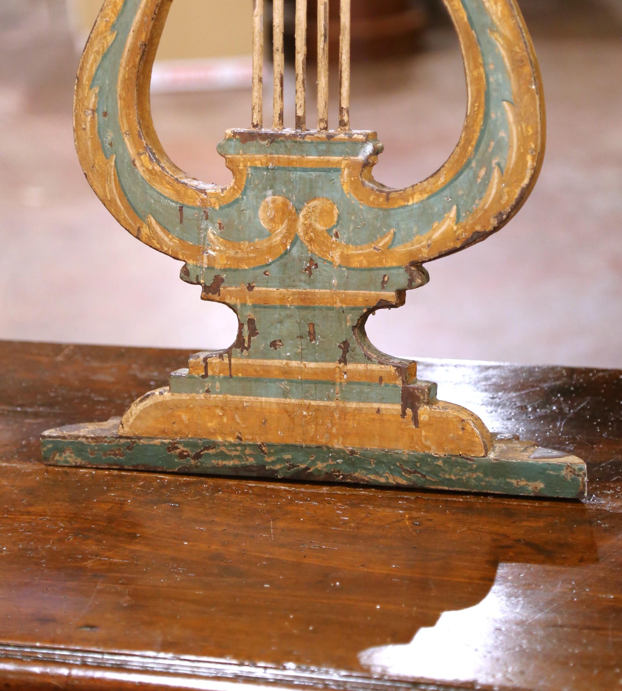 Hand-Carved Pair 18th C. Italian Giltwood and Polychrome Lyre-Form Architectural Ornaments For Sale