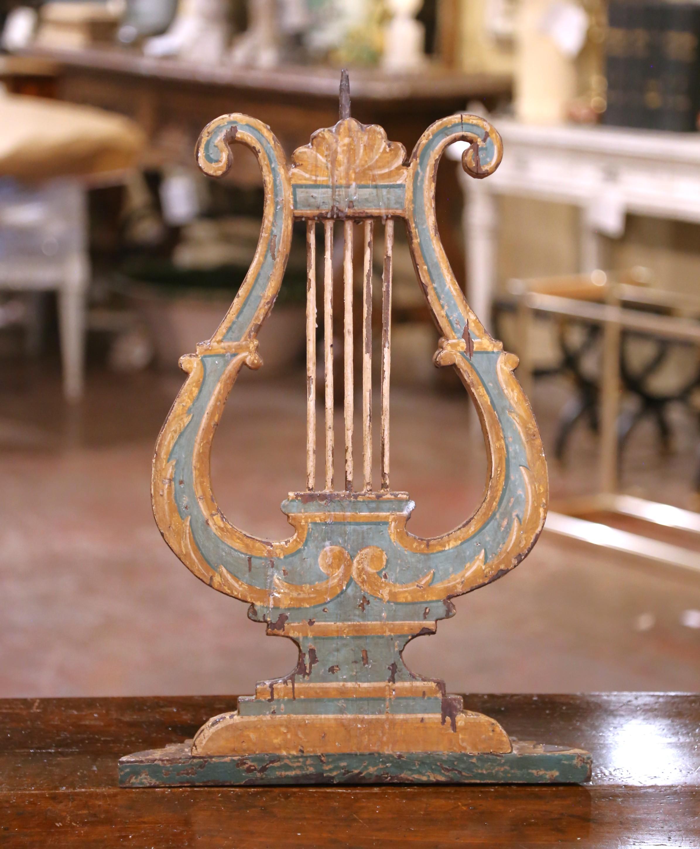 Pair 18th C. Italian Giltwood and Polychrome Lyre-Form Architectural Ornaments In Excellent Condition For Sale In Dallas, TX