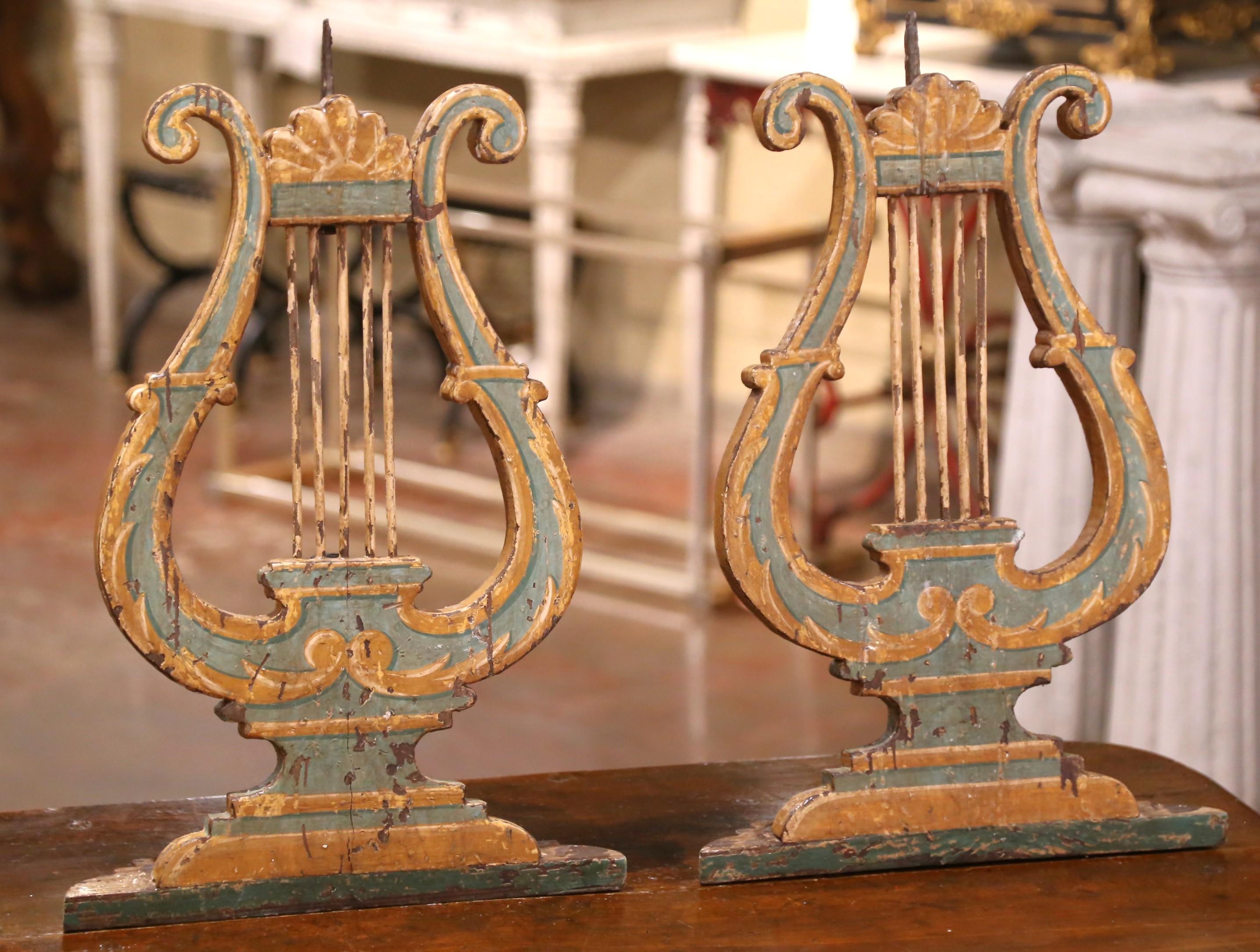 18th Century Pair 18th C. Italian Giltwood and Polychrome Lyre-Form Architectural Ornaments For Sale