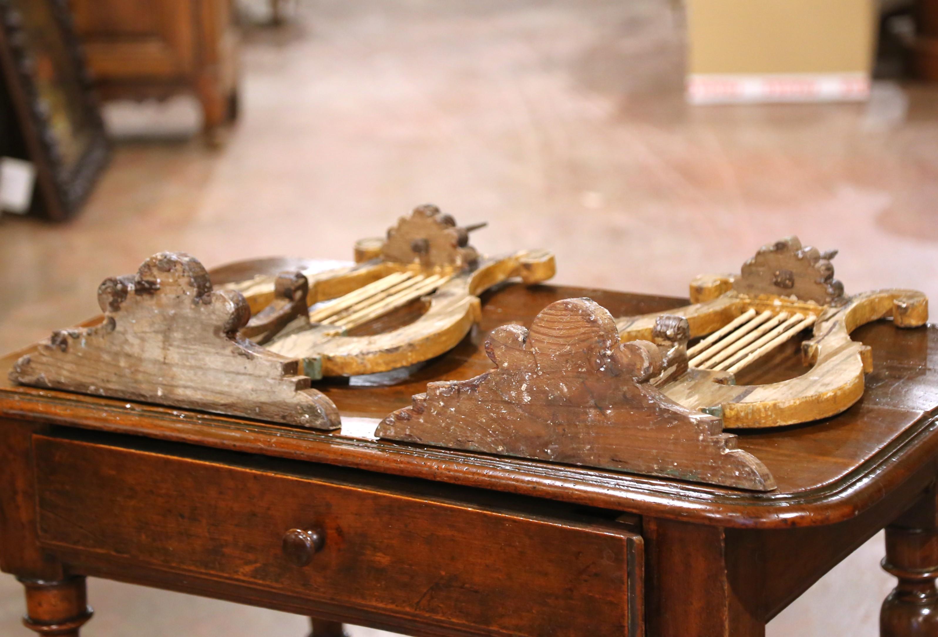 Wood Pair 18th C. Italian Giltwood and Polychrome Lyre-Form Architectural Ornaments For Sale