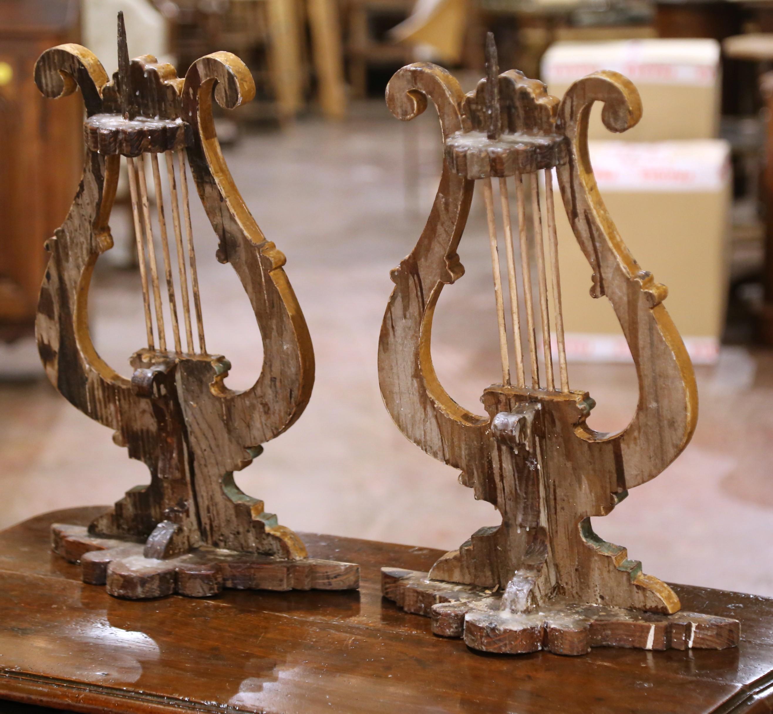 Pair 18th C. Italian Giltwood and Polychrome Lyre-Form Architectural Ornaments For Sale 1