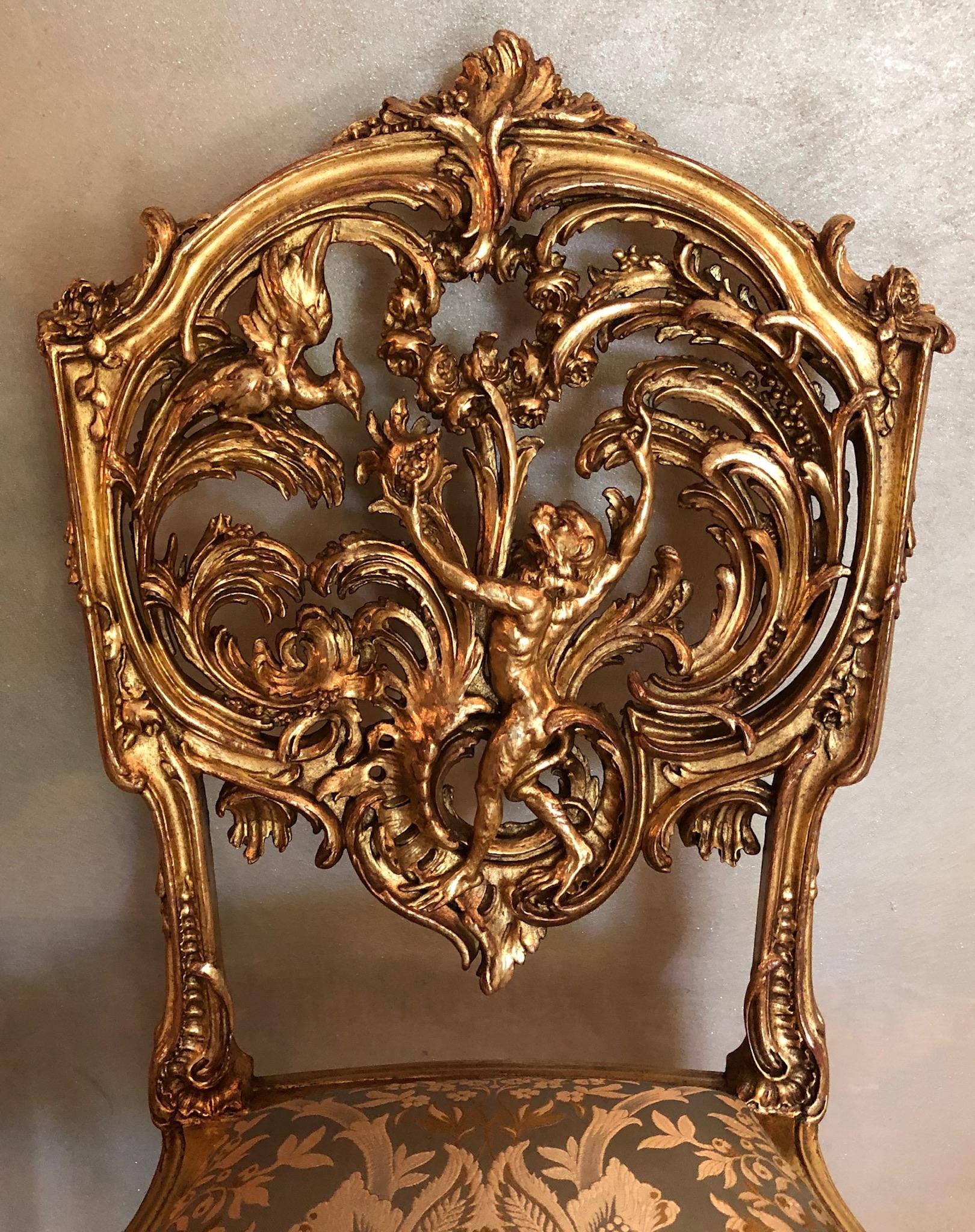 Pair of 18th Century Louis XV Chairs Sculpted, Giltwood, Silk Jacquard For Sale 10