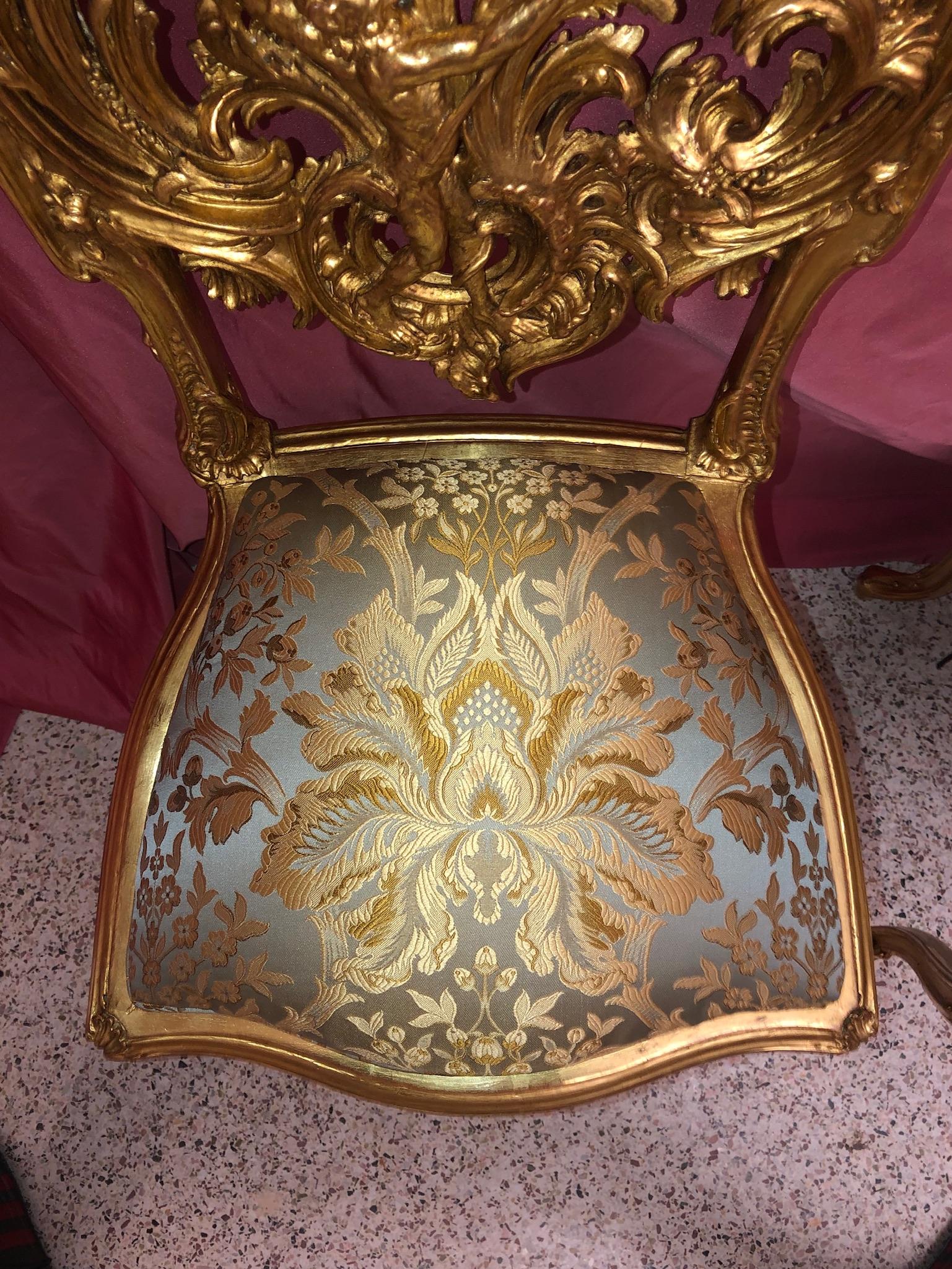 Pair of 18th Century Louis XV Chairs Sculpted, Giltwood, Silk Jacquard For Sale 11