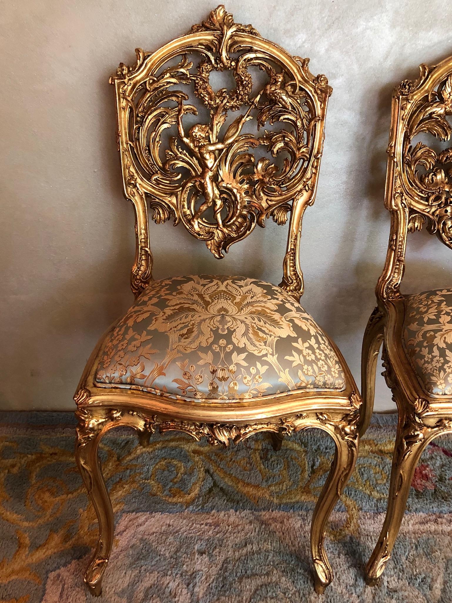 Pair of 18th Century Louis XV Chairs Sculpted, Giltwood, Silk Jacquard For Sale 14