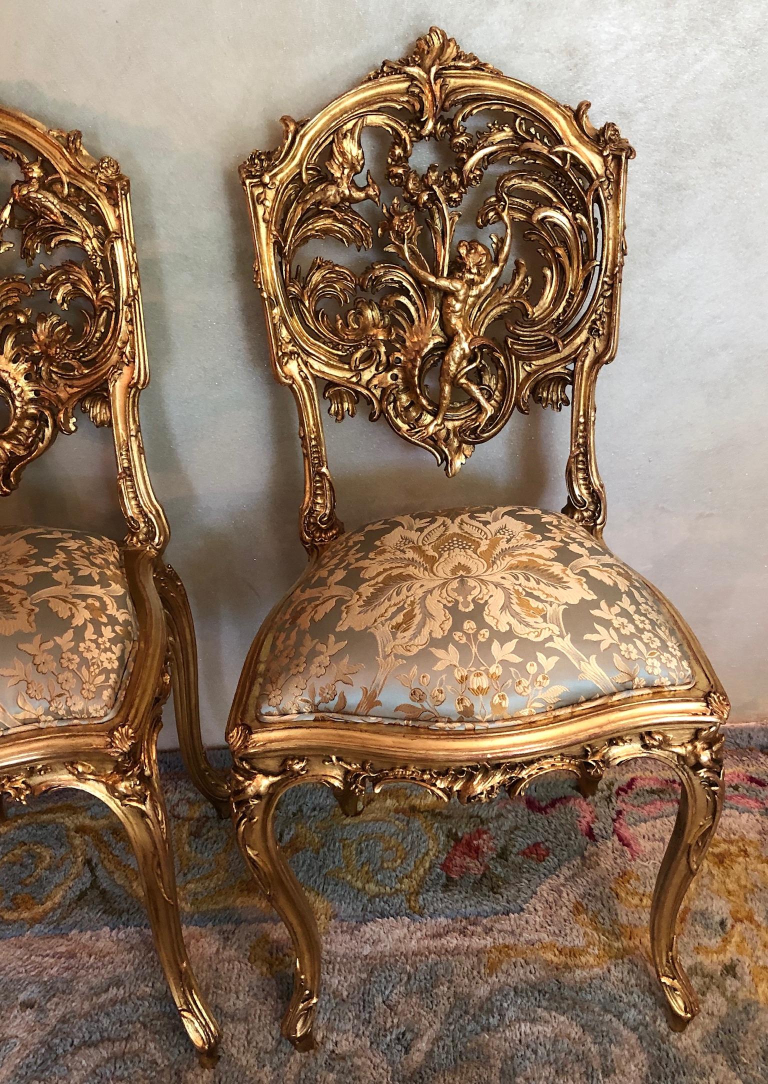 Pair of 18th Century Louis XV Chairs Sculpted, Giltwood, Silk Jacquard For Sale 15