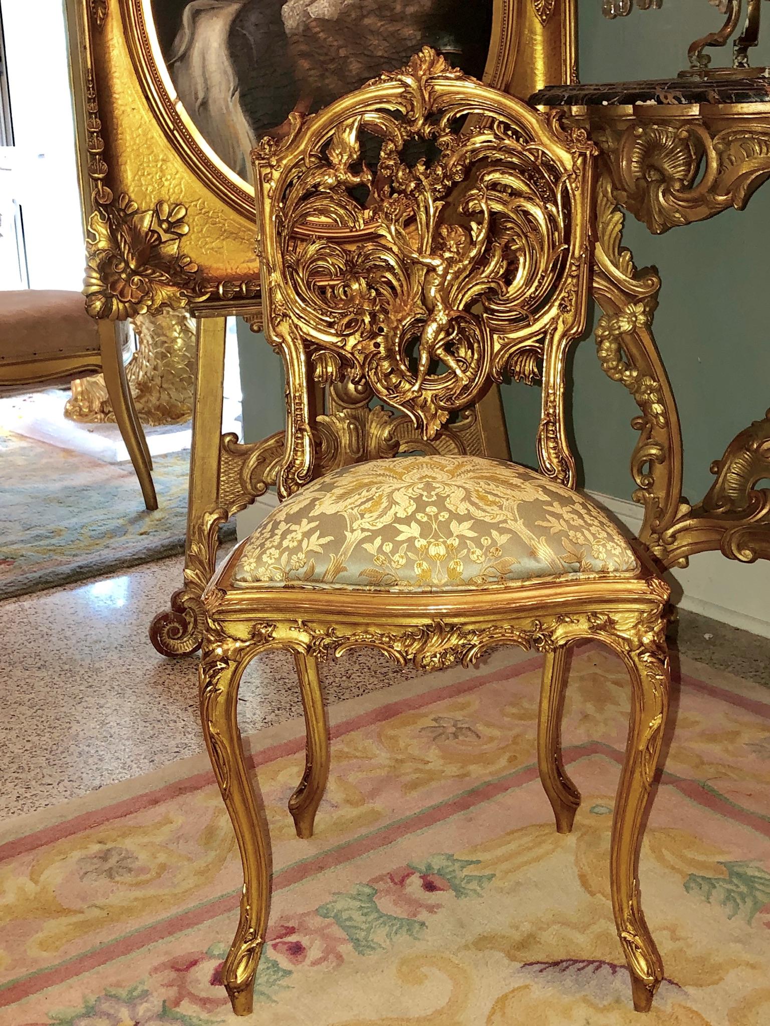 Pair of 18th Century Louis XV Chairs Sculpted, Giltwood, Silk Jacquard For Sale 16
