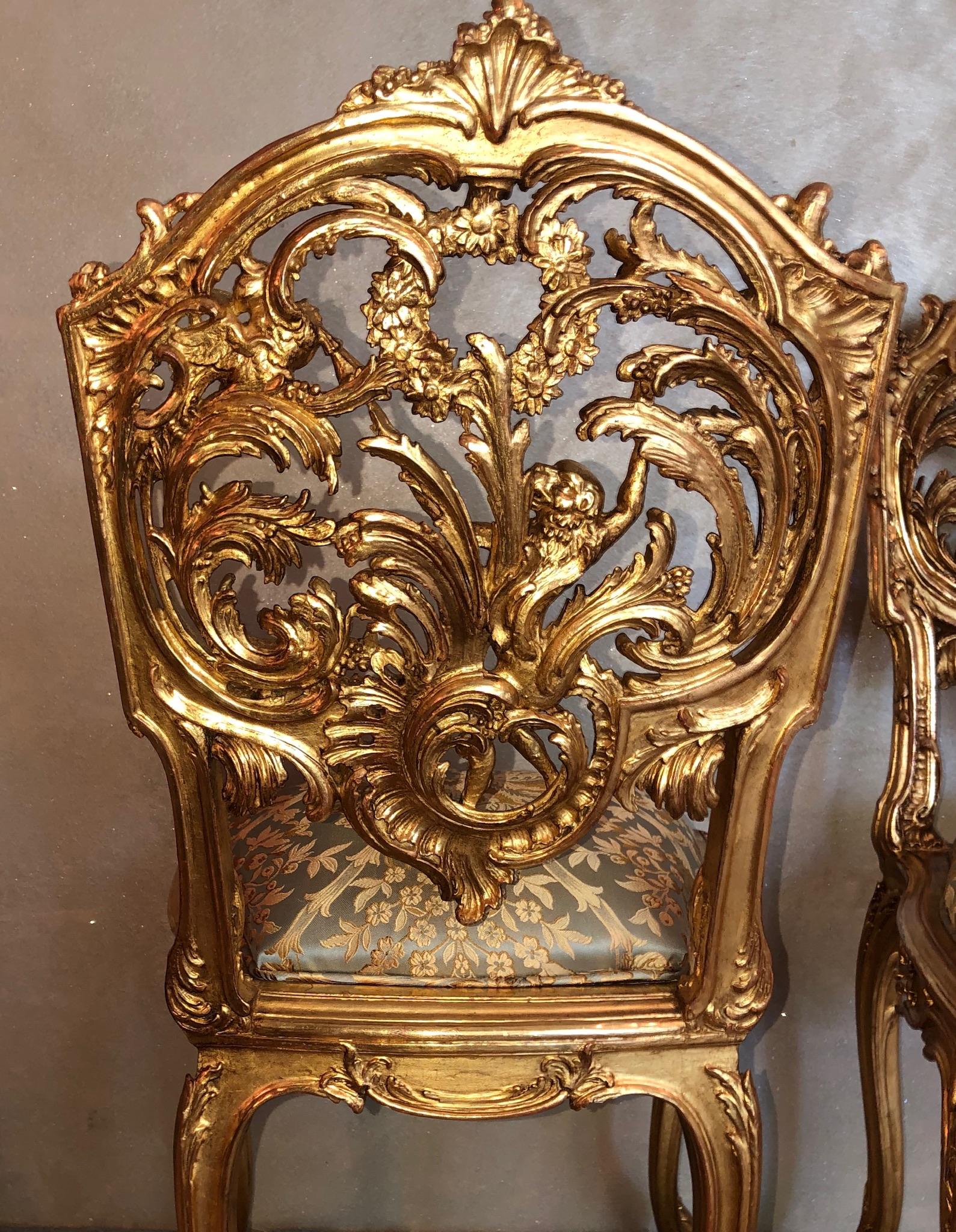 Pair of 18th Century Louis XV Chairs Sculpted, Giltwood, Silk Jacquard For Sale 3