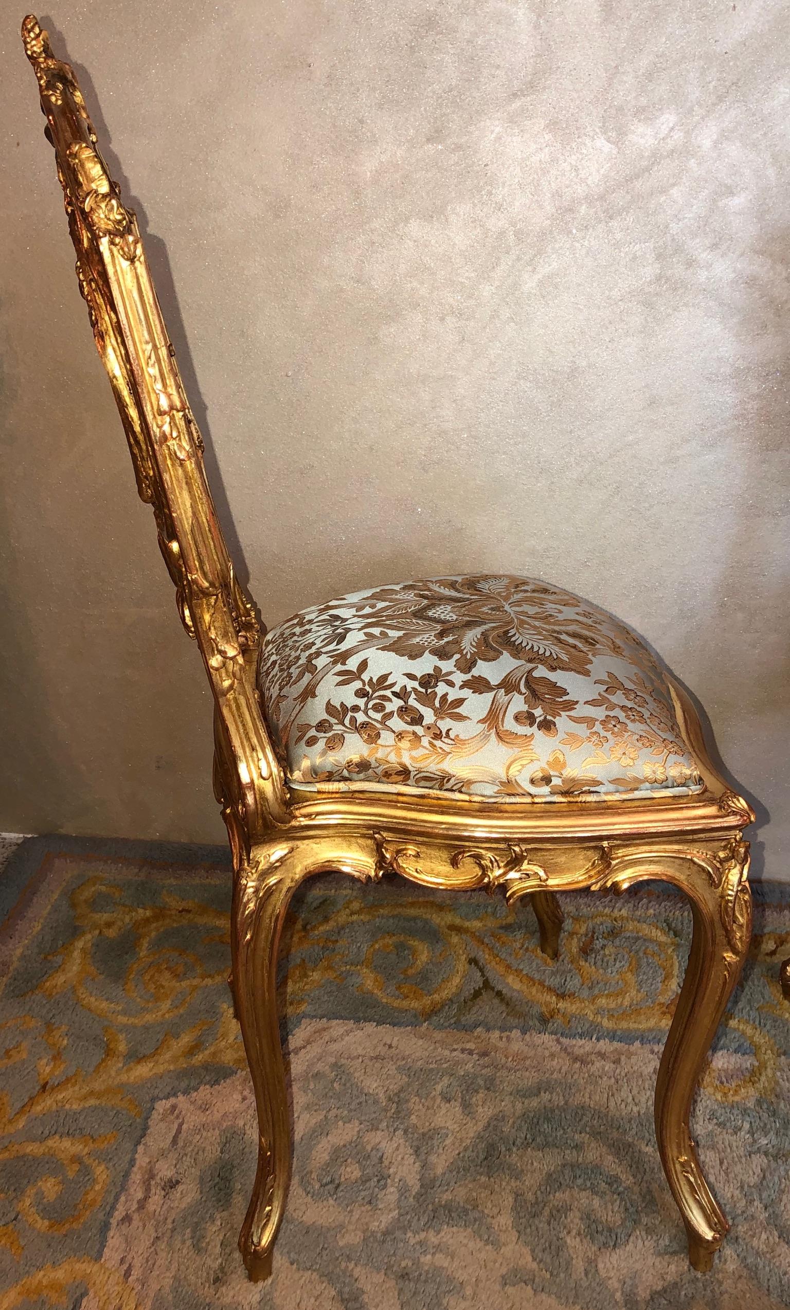 Pair of 18th Century Louis XV Chairs Sculpted, Giltwood, Silk Jacquard For Sale 8