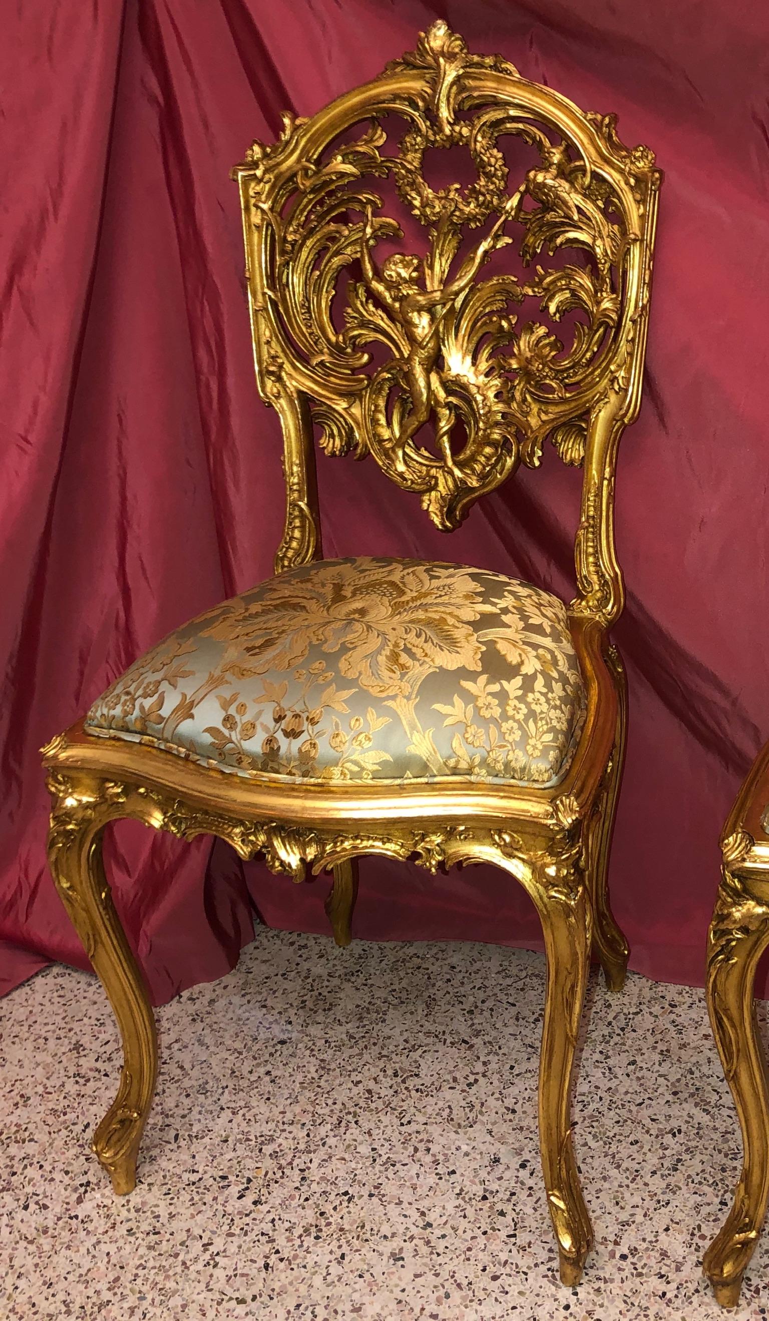 Pair of 18th Century Louis XV Chairs Sculpted, Giltwood, Silk Jacquard For Sale 7