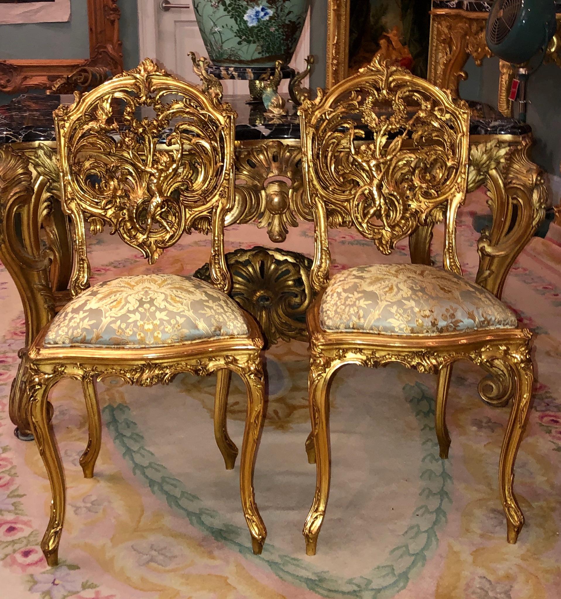 Pair of 18th Century Louis XV Chairs Sculpted, Giltwood, Silk Jacquard For Sale 13