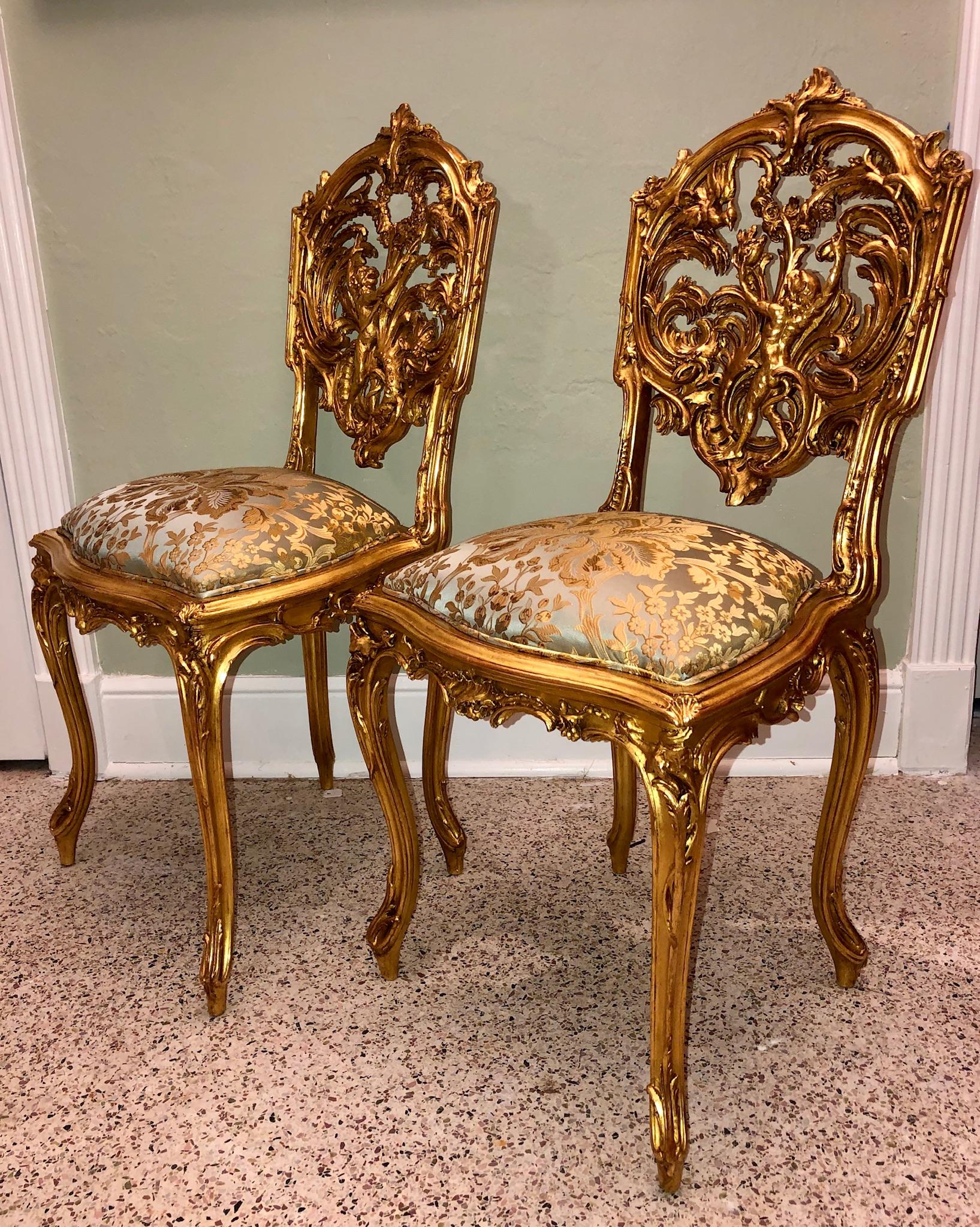 French Pair of 18th Century Louis XV Chairs Sculpted, Giltwood, Silk Jacquard For Sale