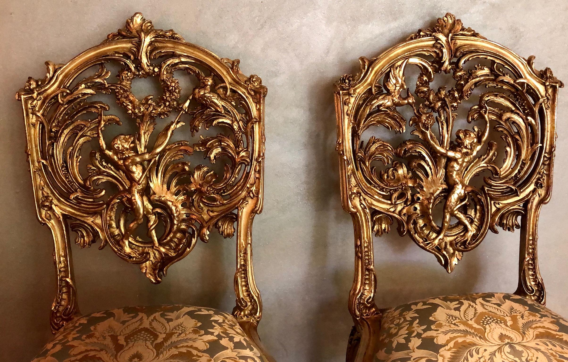 Pair of 18th Century Louis XV Chairs Sculpted, Giltwood, Silk Jacquard For Sale 12