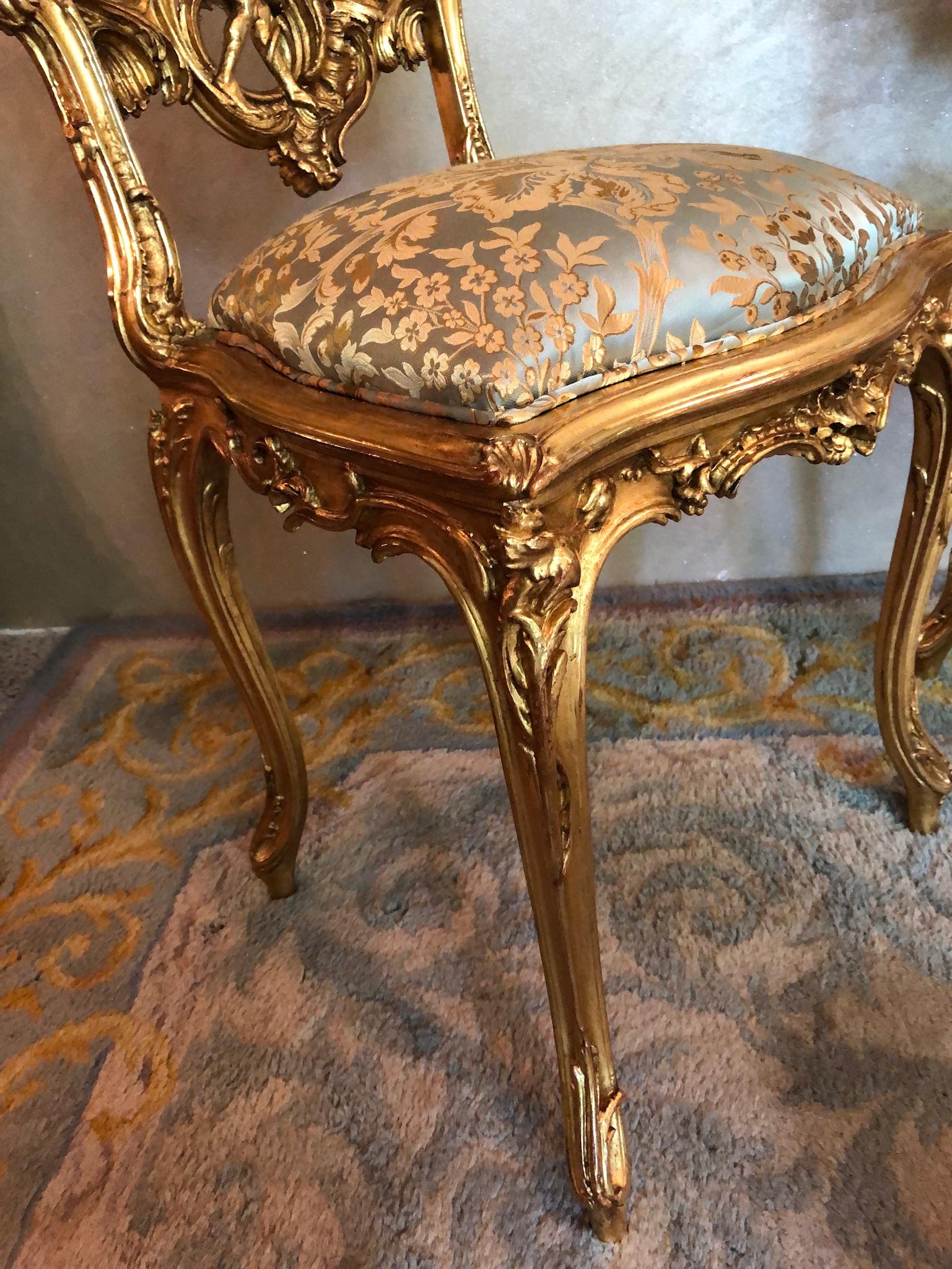 Pair of 18th Century Louis XV Chairs Sculpted, Giltwood, Silk Jacquard For Sale 1