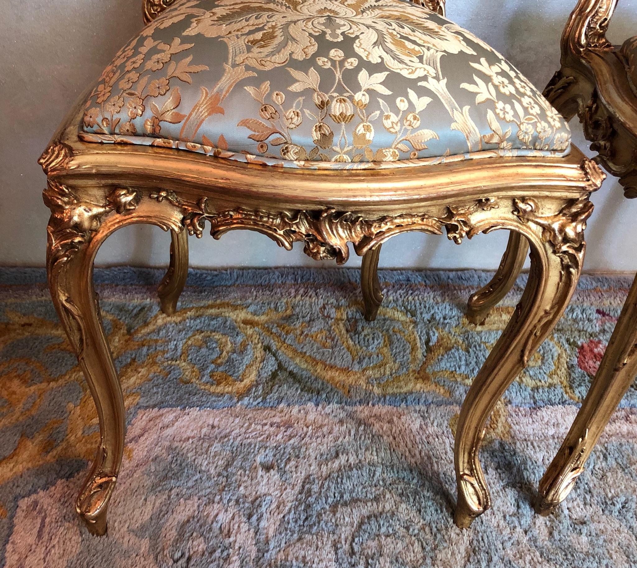 Pair of 18th Century Louis XV Chairs Sculpted, Giltwood, Silk Jacquard For Sale 2