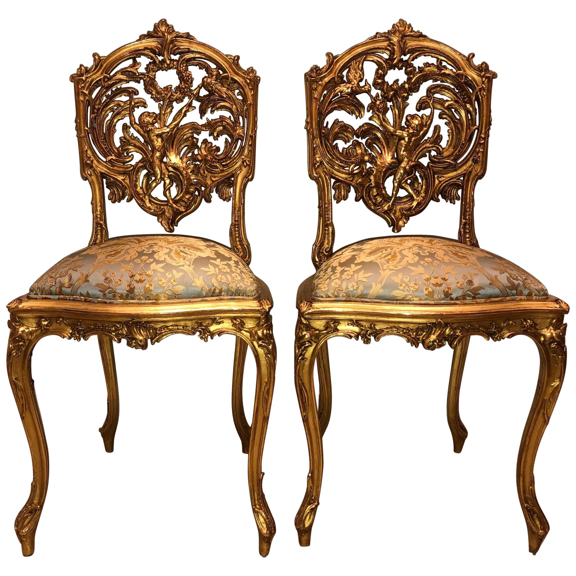 Pair of 18th Century Louis XV Chairs Sculpted, Giltwood, Silk Jacquard For Sale