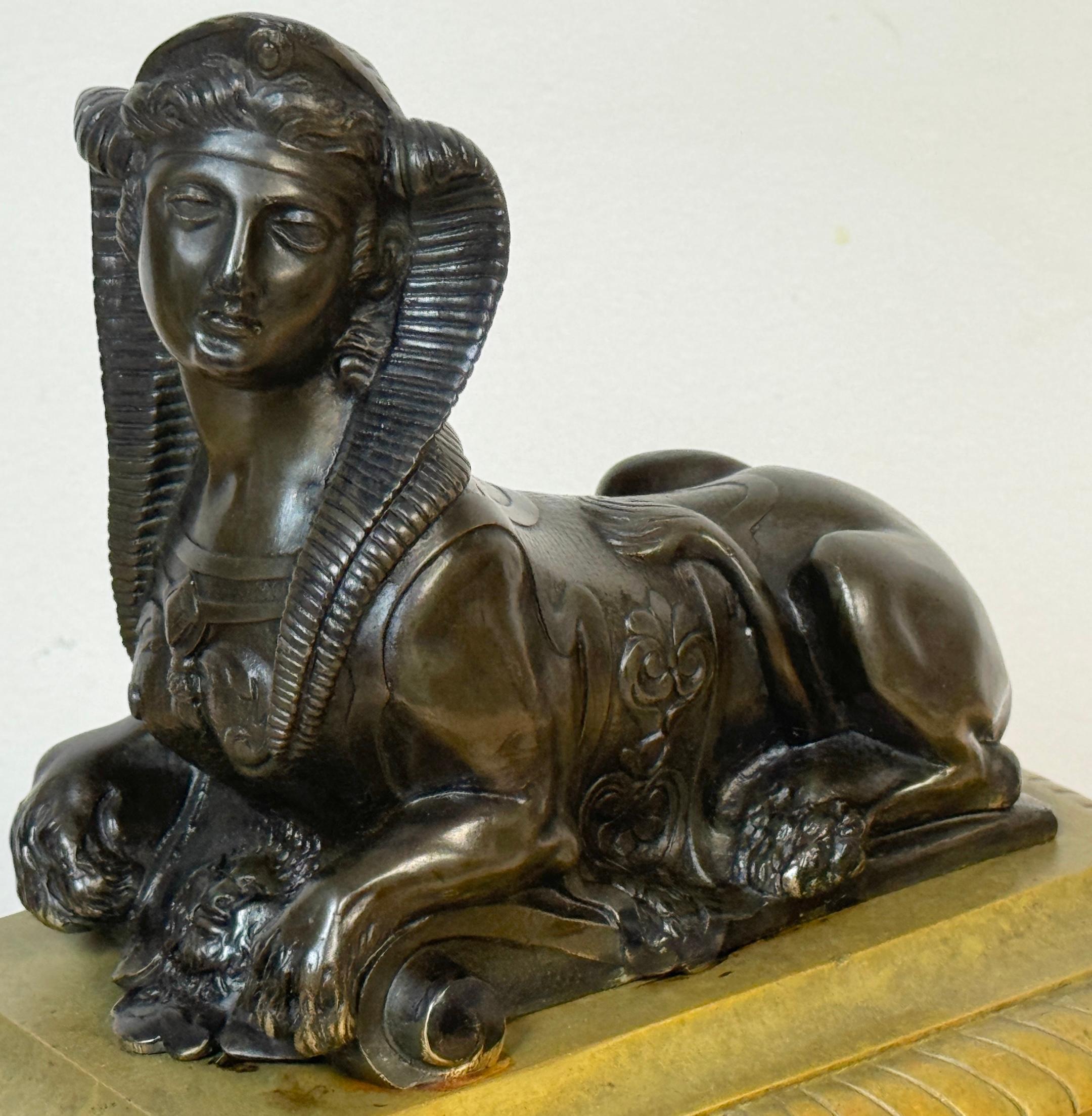 Pair 18th C. Louis XVI Patinated & Gilt Bronze Sphinx Motif Andirons/Chenets For Sale 4