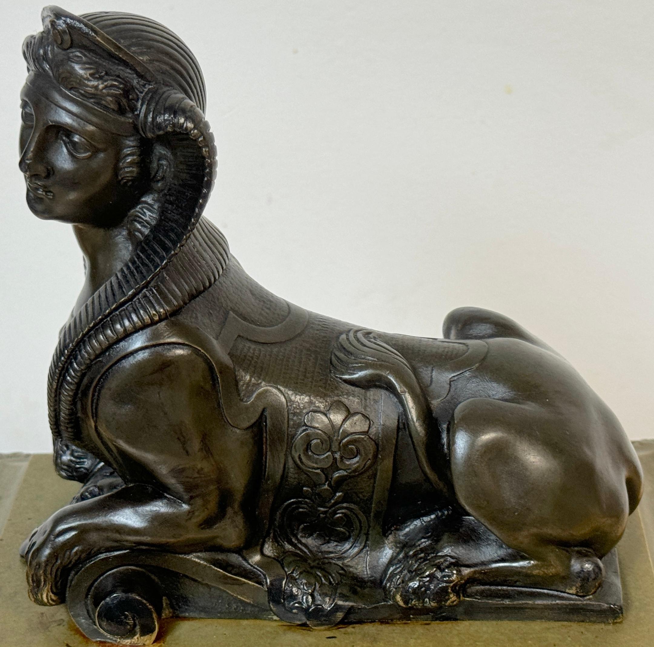 Pair 18th C. Louis XVI Patinated & Gilt Bronze Sphinx Motif Andirons/Chenets For Sale 6