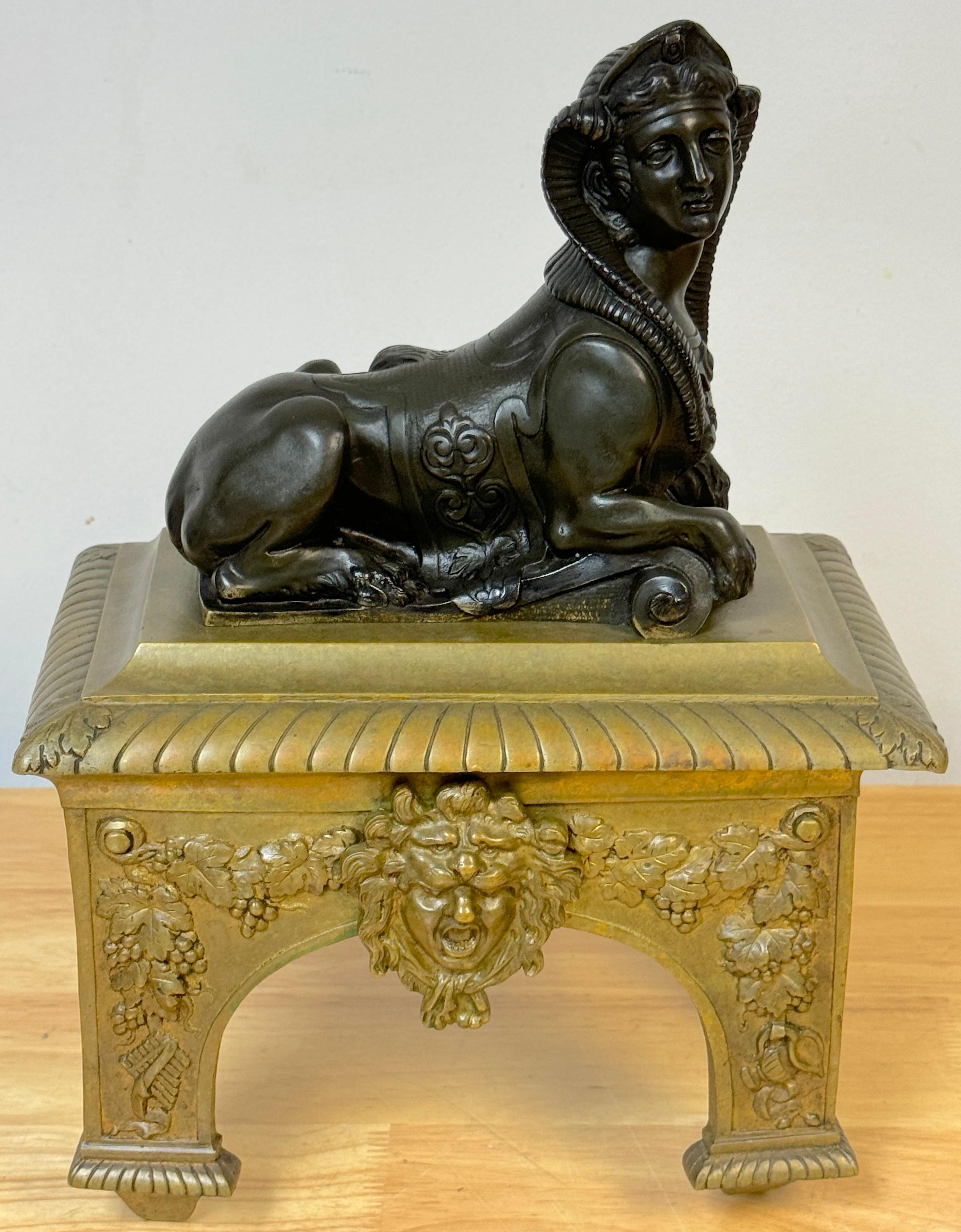 Pair 18th C. Louis XVI Patinated & Gilt Bronze Sphinx Motif Andirons/Chenets For Sale 8