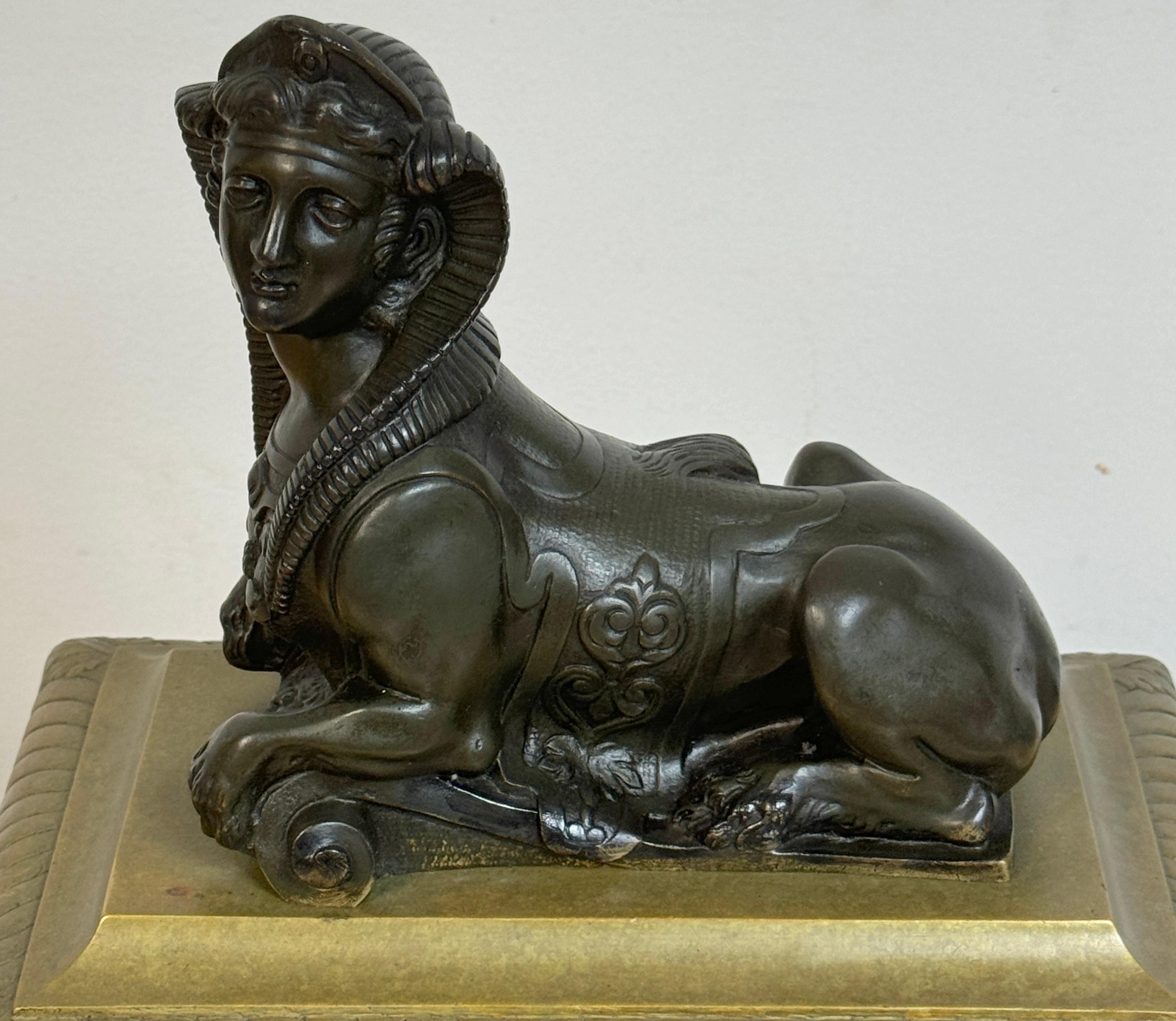 Pair 18th C. Louis XVI Patinated & Gilt Bronze Sphinx Motif Andirons/Chenets For Sale 9