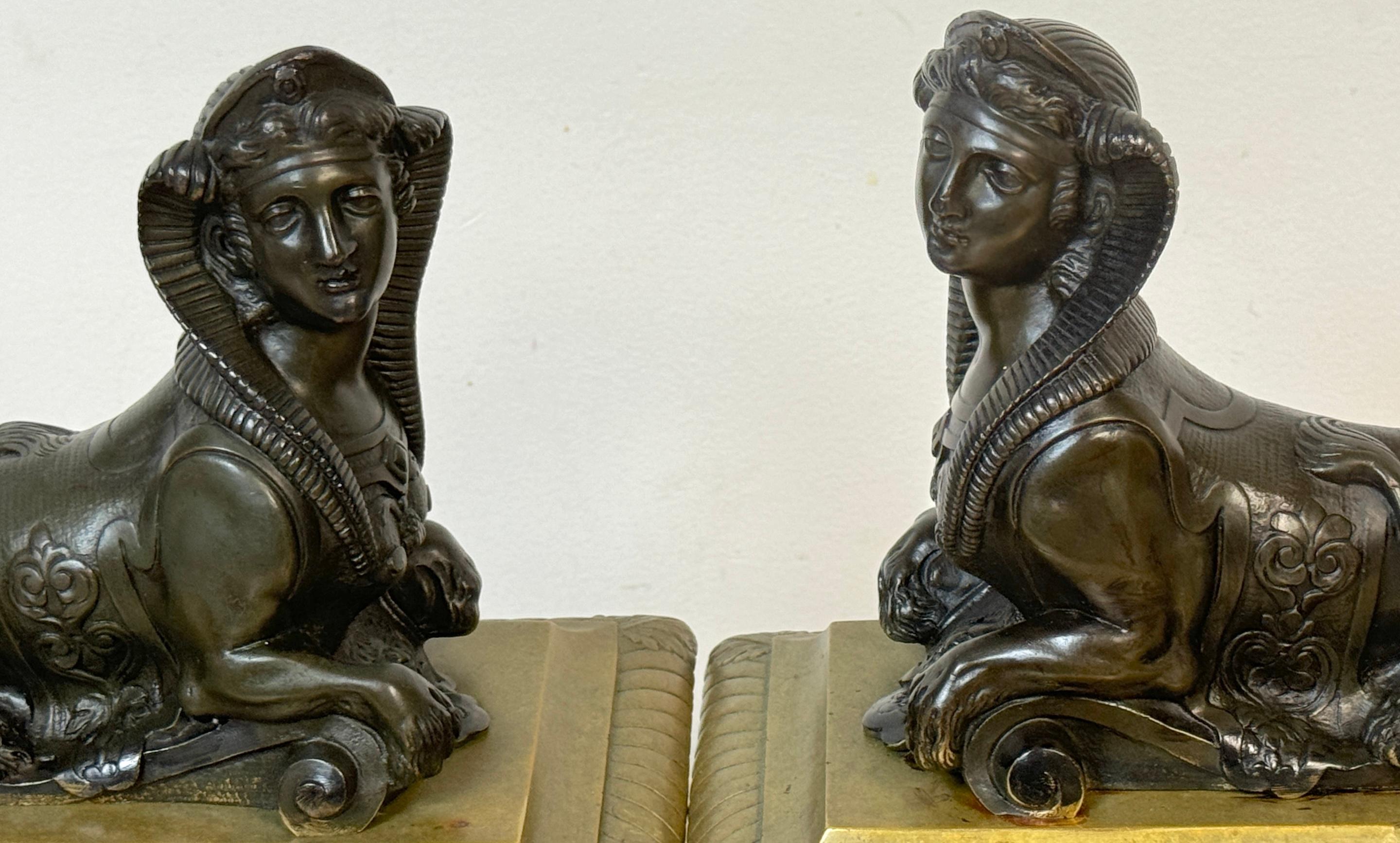 Pair 18th C. Louis XVI Patinated & Gilt Bronze Sphinx Motif Andirons/Chenets For Sale 10