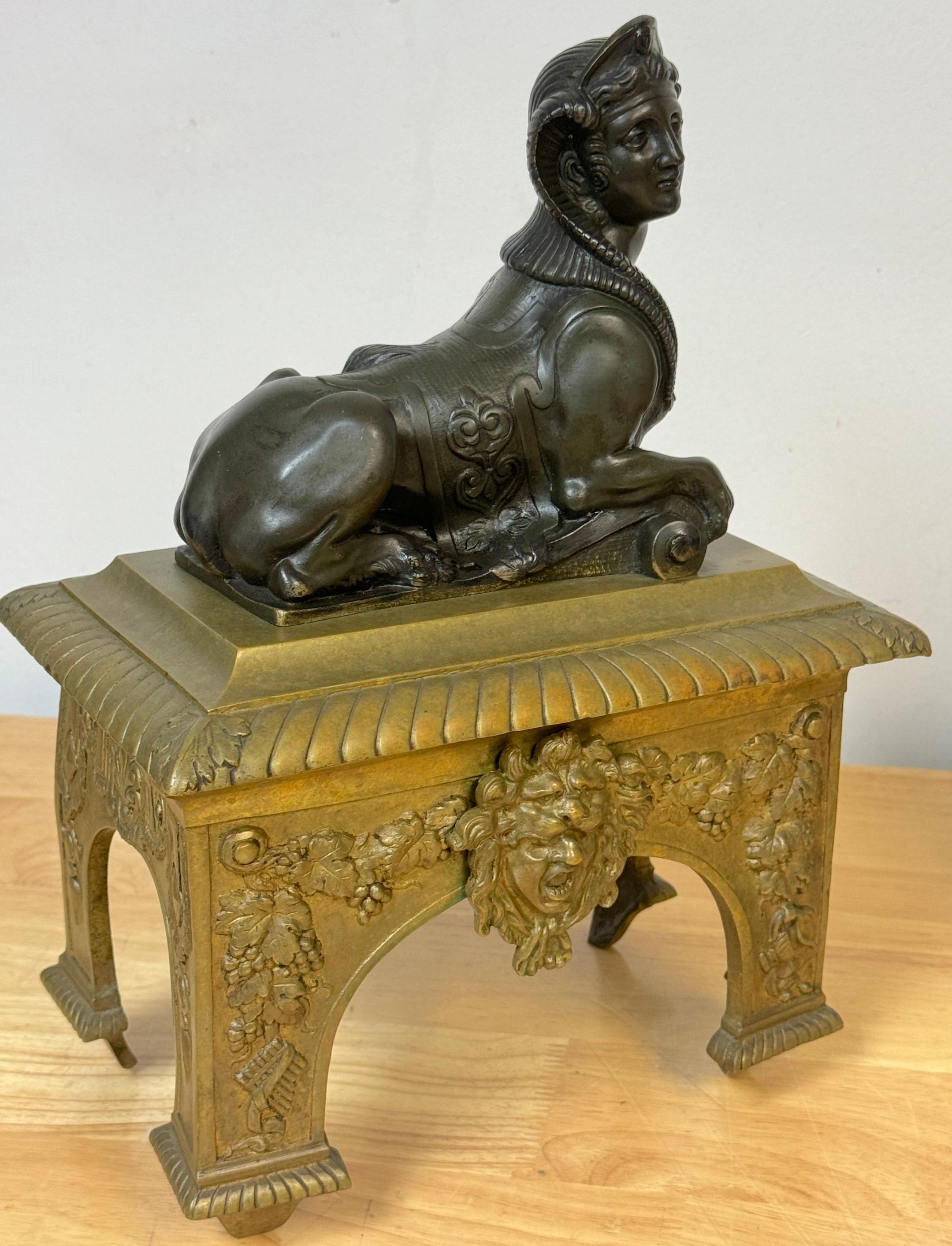 Pair 18th C. Louis XVI Patinated & Gilt Bronze Sphinx Motif Andirons/Chenets For Sale 12