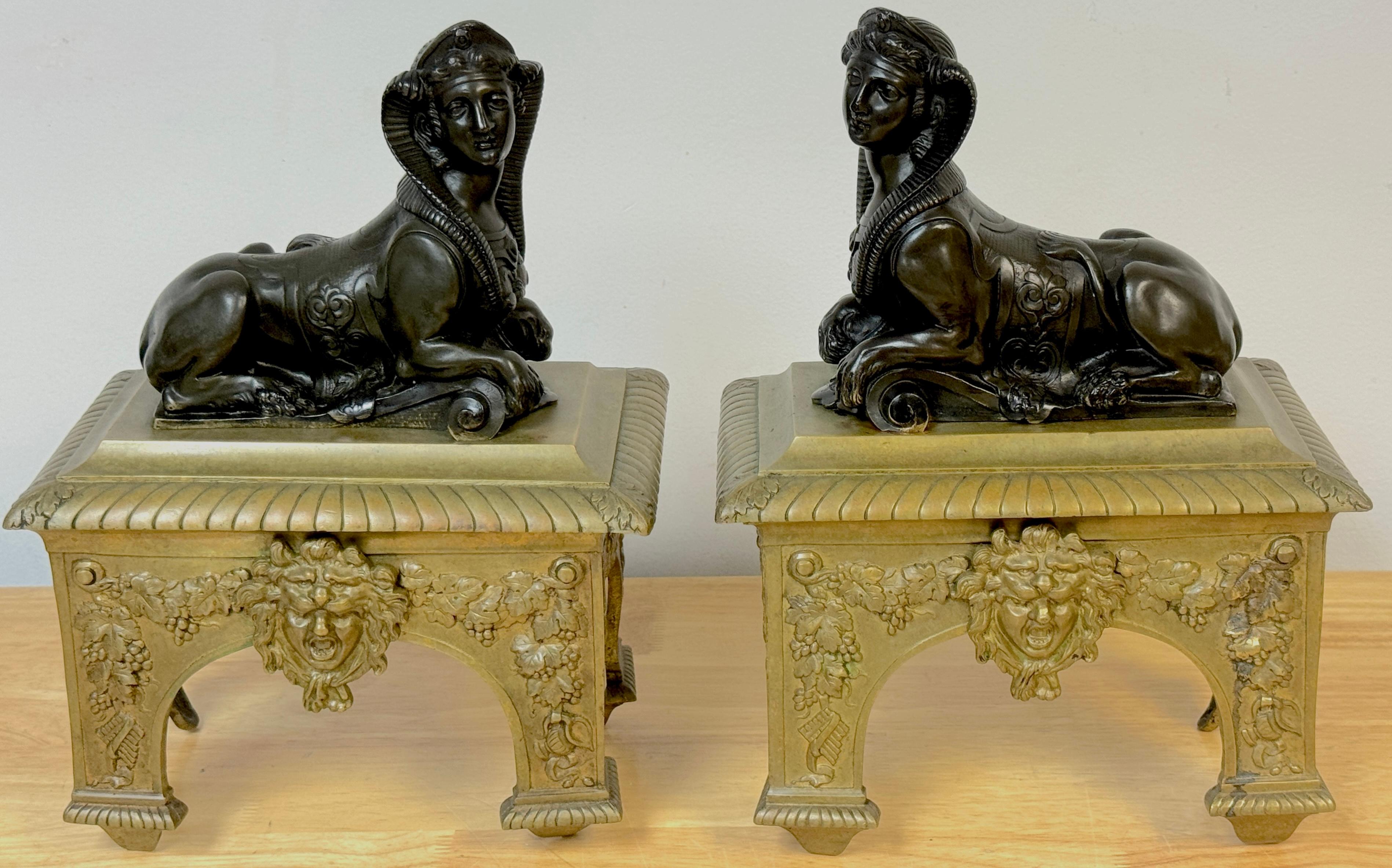 Stunning Pair 18th C Louis XVI French Bronze Recumbent Sphinx Chenets
France, circa 1790 
A stunning pair of 18th-century Louis XVI French bronze chenets featuring recumbent sphinxes, circa 1790. Each chenet stands 12.5 inches high, 9 inches wide,