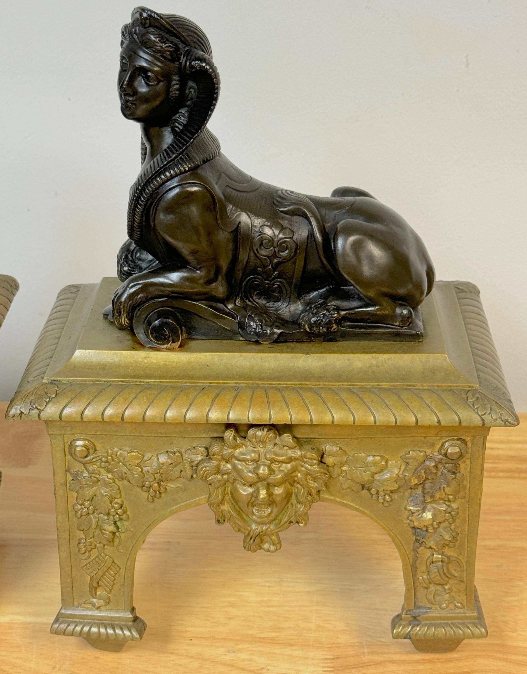 French Pair 18th C. Louis XVI Patinated & Gilt Bronze Sphinx Motif Andirons/Chenets For Sale