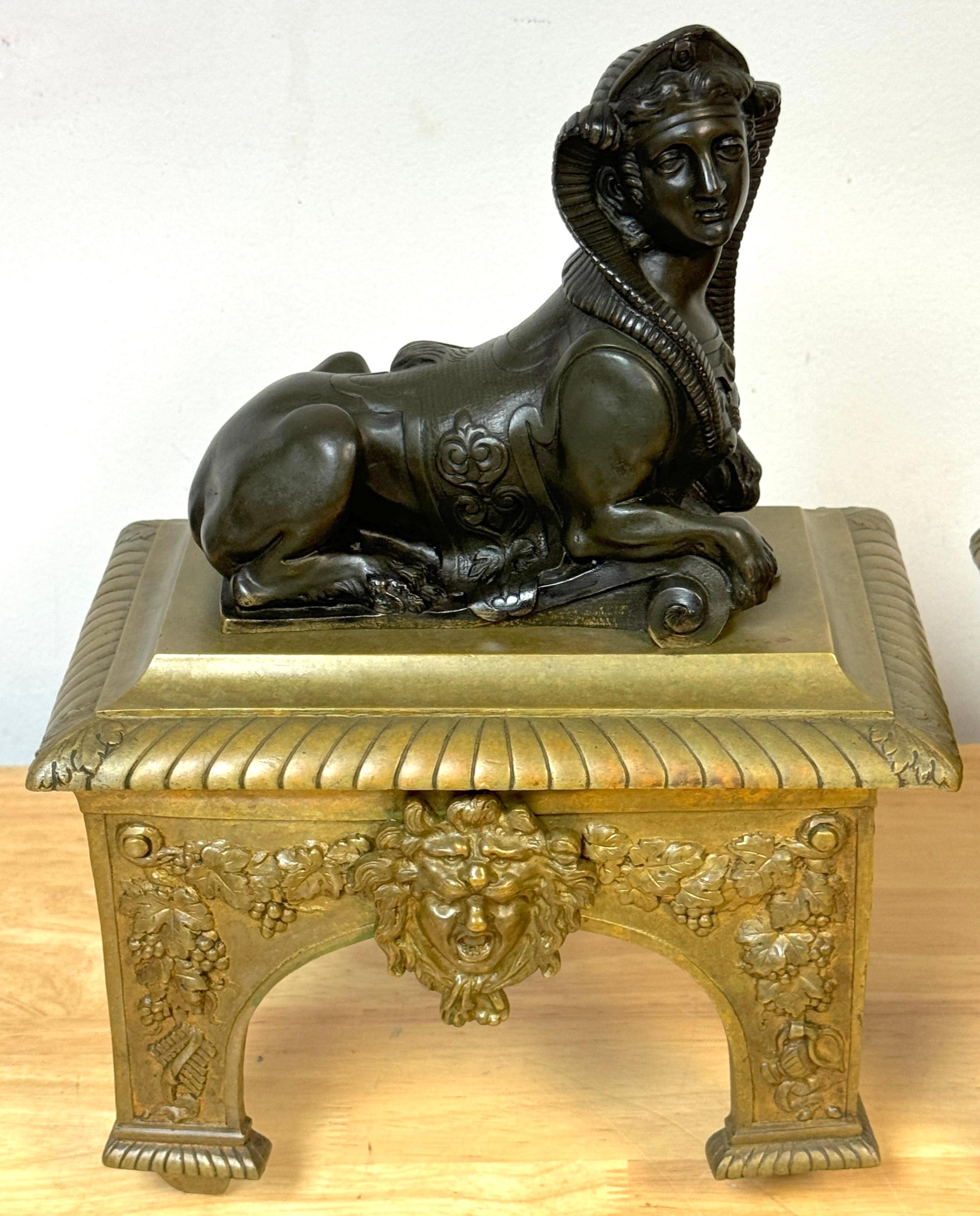 Cast Pair 18th C. Louis XVI Patinated & Gilt Bronze Sphinx Motif Andirons/Chenets For Sale