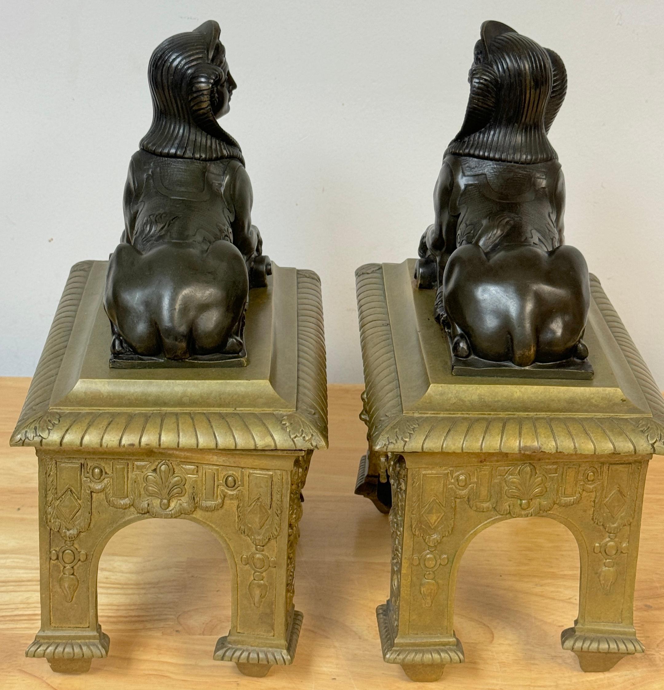 Pair 18th C. Louis XVI Patinated & Gilt Bronze Sphinx Motif Andirons/Chenets In Good Condition For Sale In West Palm Beach, FL