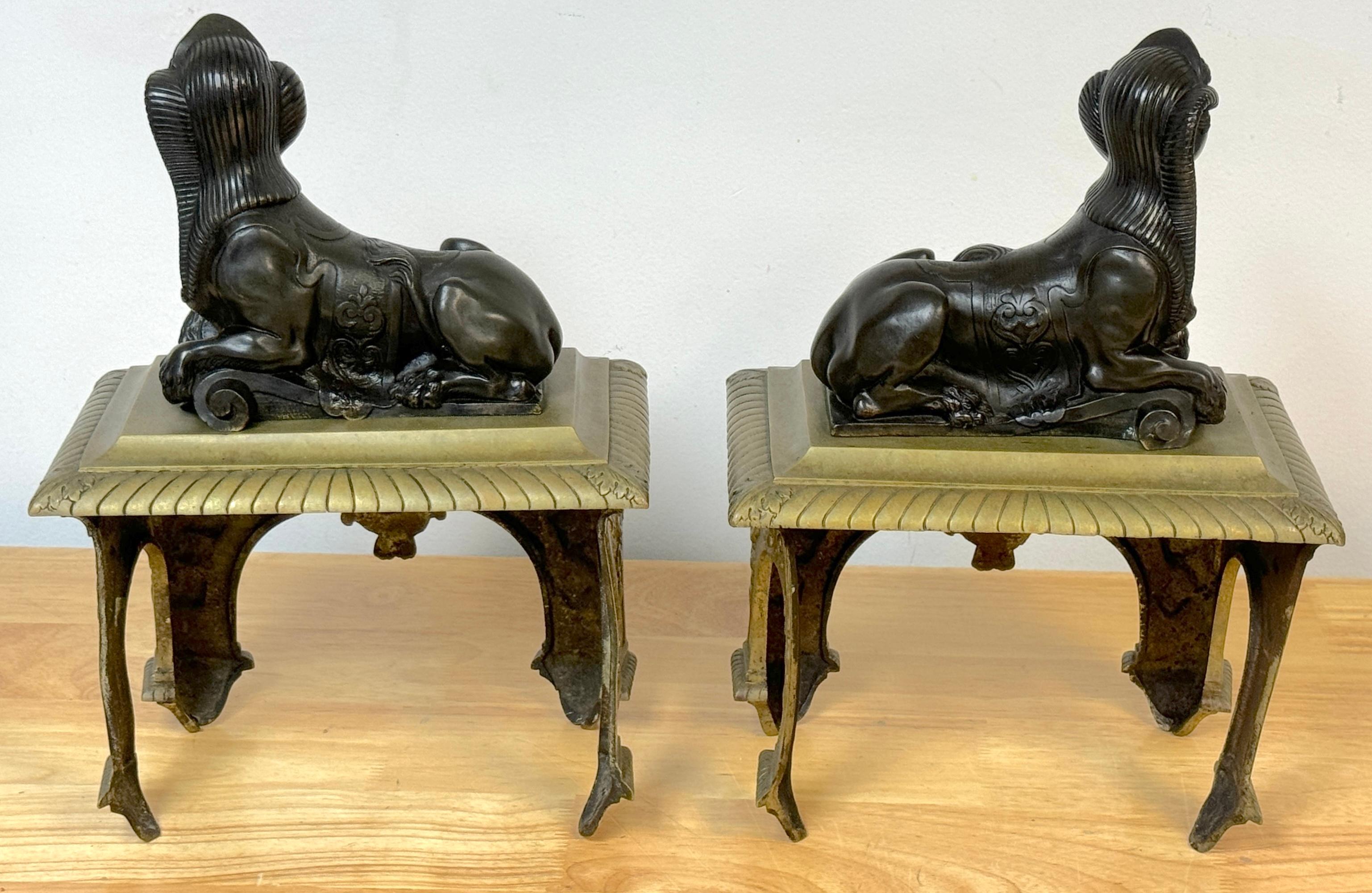 18th Century Pair 18th C. Louis XVI Patinated & Gilt Bronze Sphinx Motif Andirons/Chenets For Sale