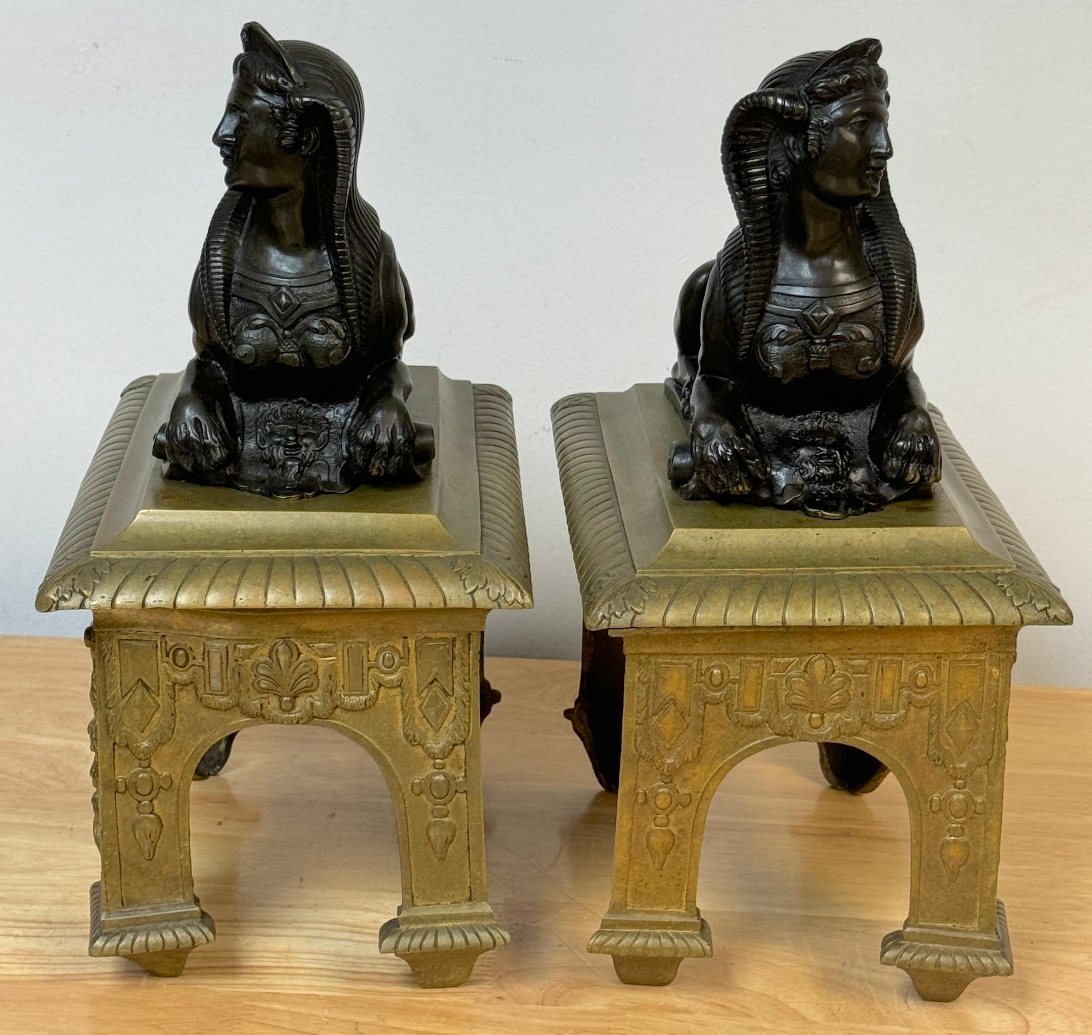 Pair 18th C. Louis XVI Patinated & Gilt Bronze Sphinx Motif Andirons/Chenets For Sale 1