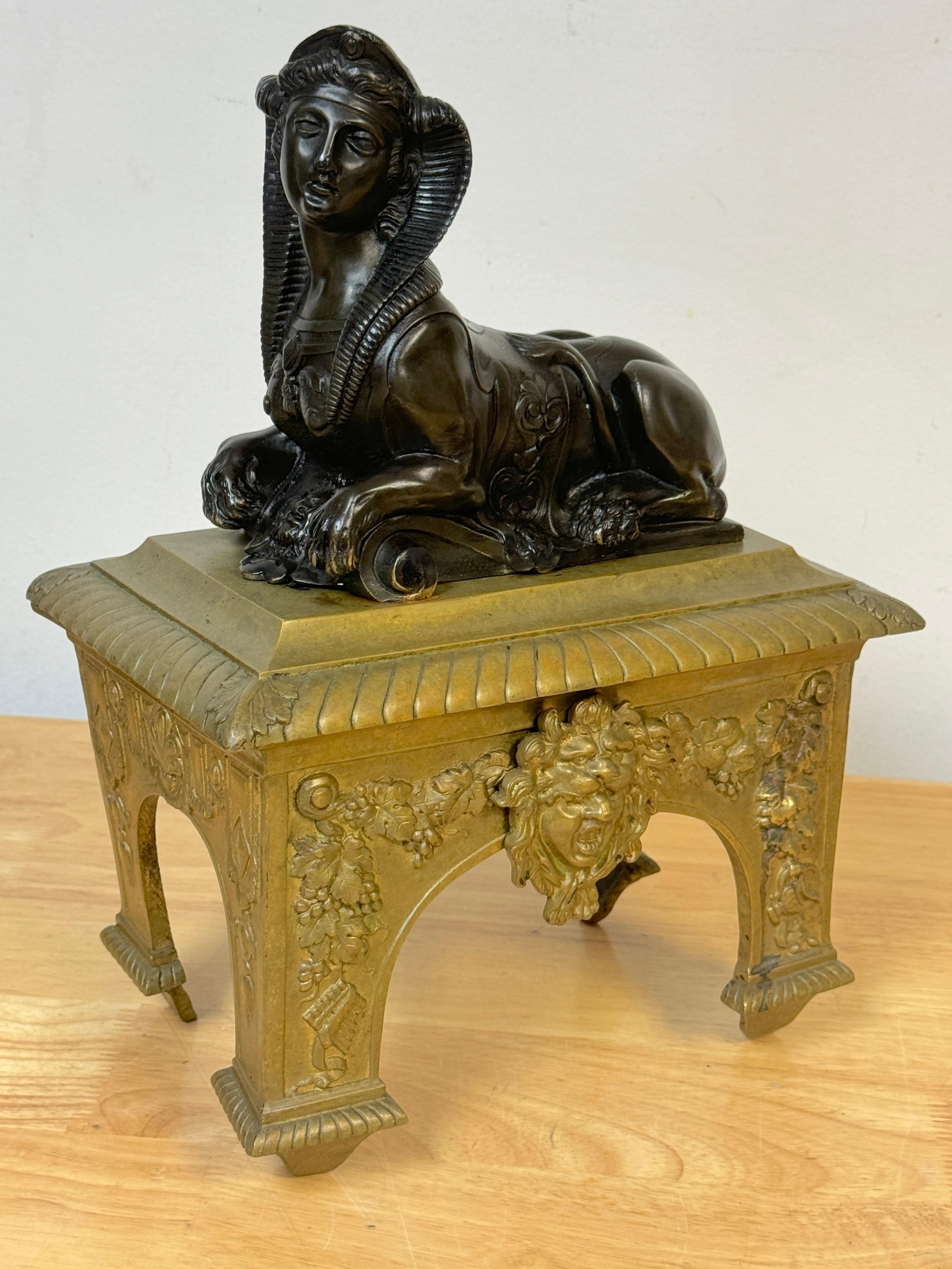 Pair 18th C. Louis XVI Patinated & Gilt Bronze Sphinx Motif Andirons/Chenets For Sale 2