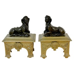 Pair 18th C. Louis XVI Patinated & Gilt Bronze Sphinx Motif Andirons/Chenets