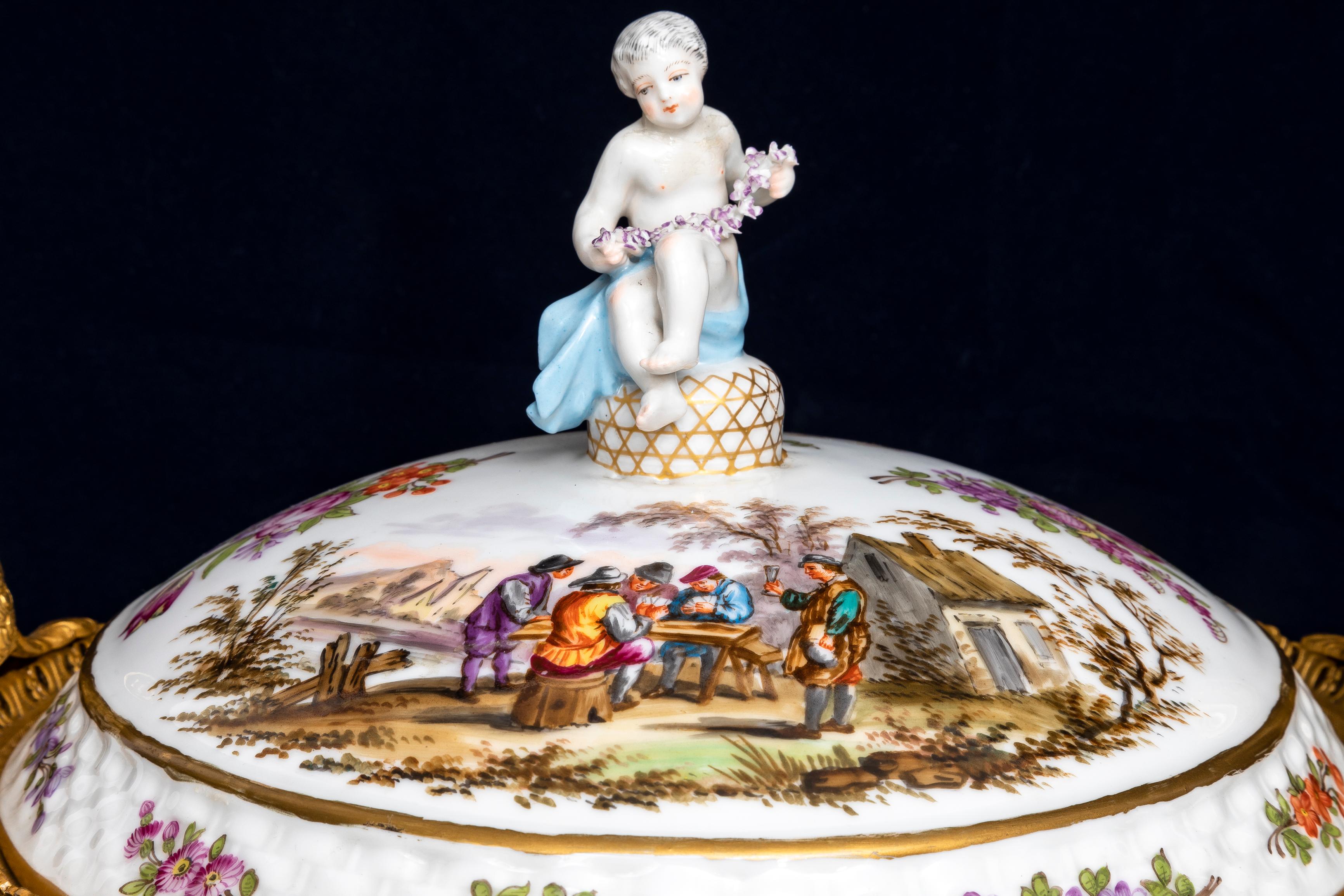 Pair 18th C. Meissen Porcelain Covered Tureens w/ 19th C. French Ormolu Mounts For Sale 3