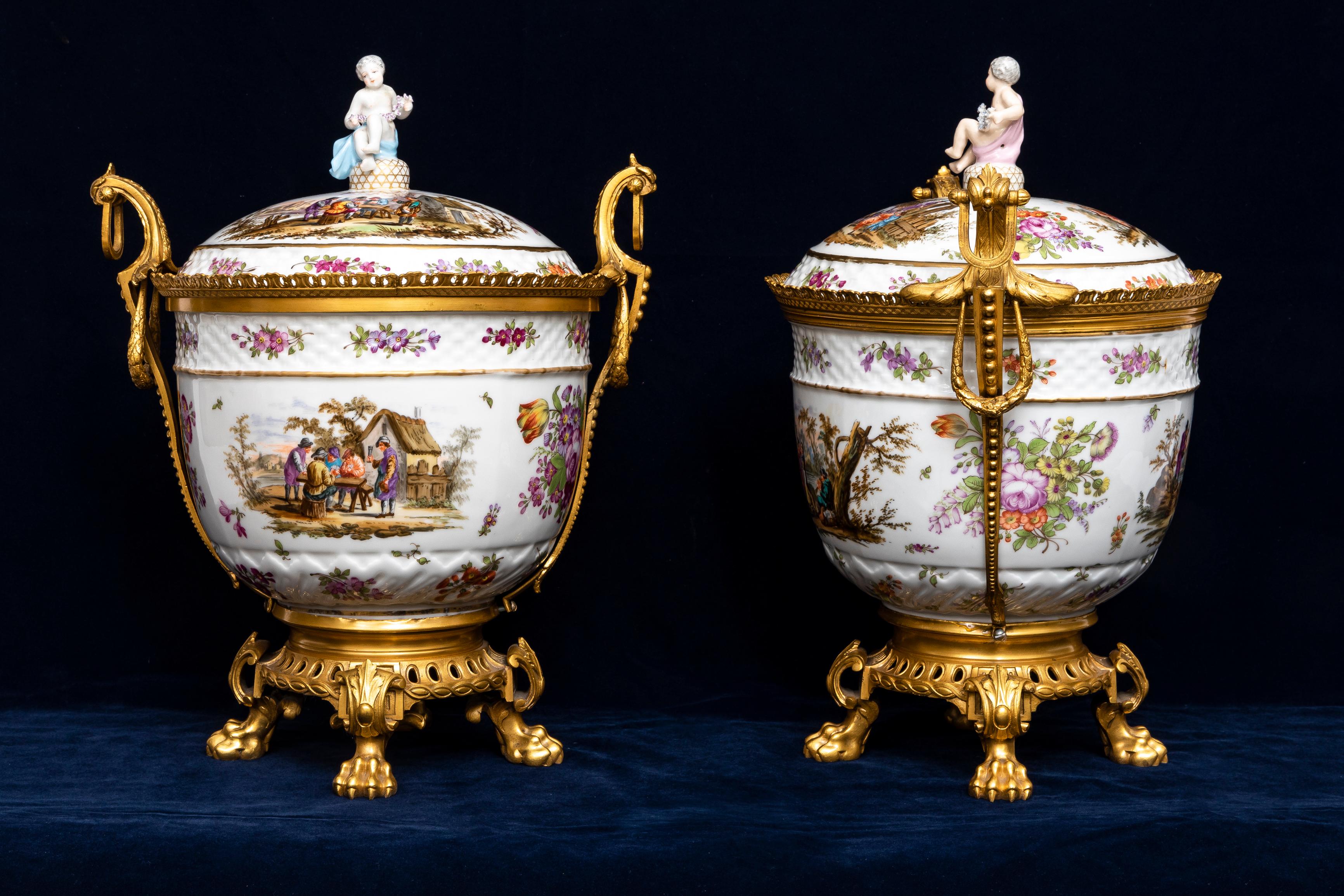 German Pair 18th C. Meissen Porcelain Covered Tureens w/ 19th C. French Ormolu Mounts For Sale