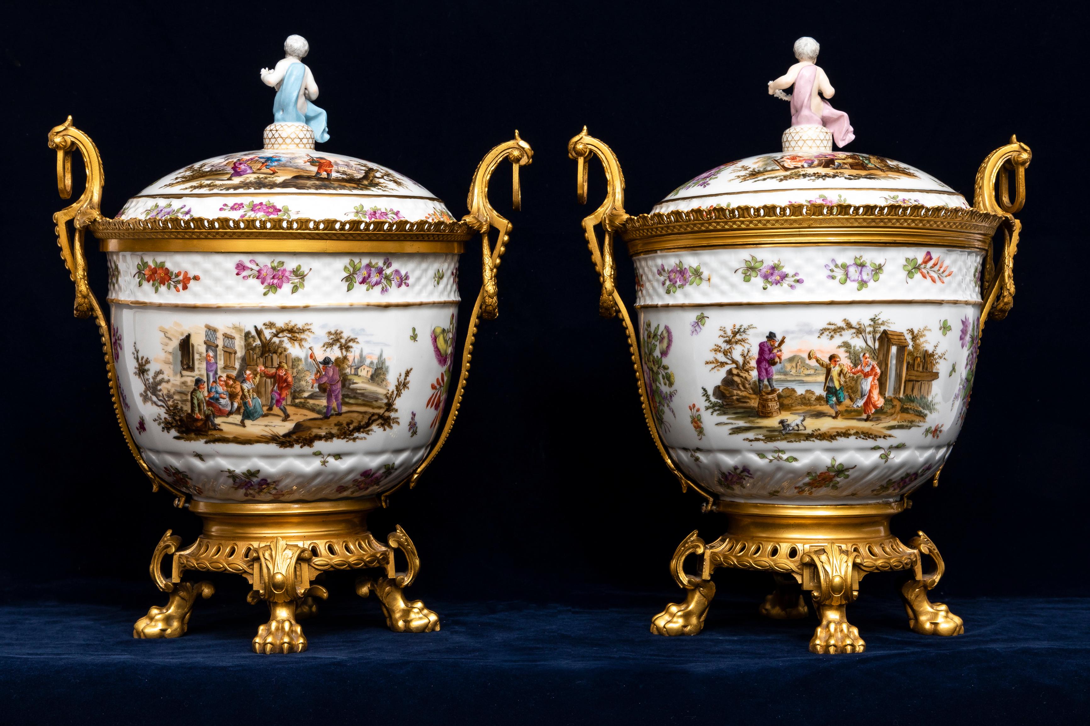 Gilt Pair 18th C. Meissen Porcelain Covered Tureens w/ 19th C. French Ormolu Mounts For Sale