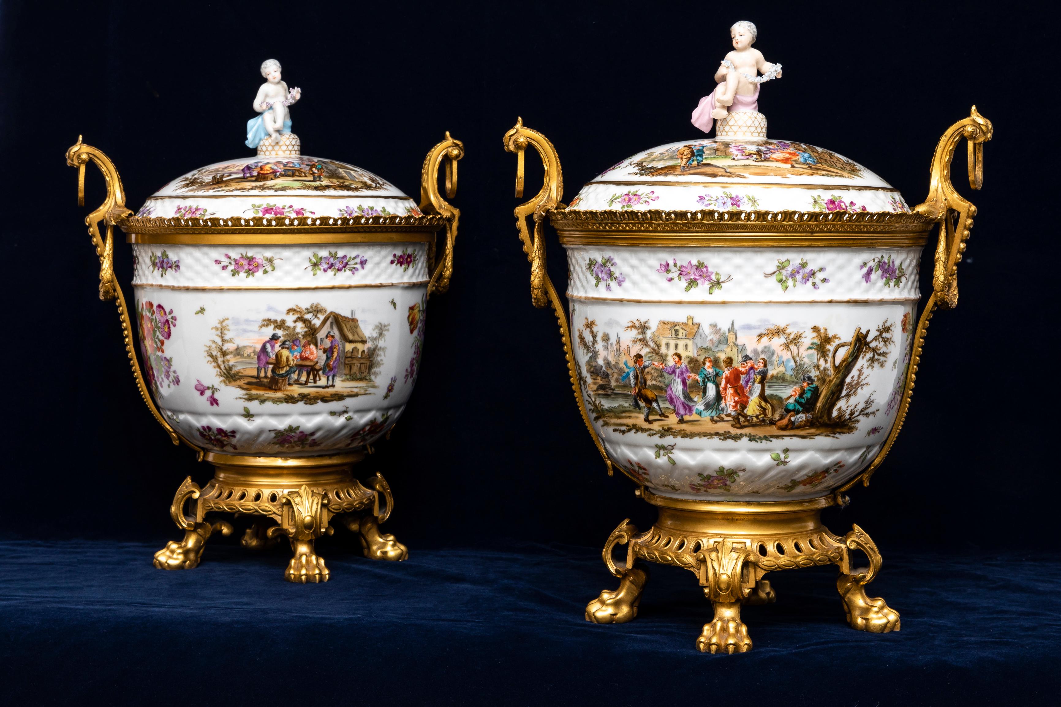 Pair 18th C. Meissen Porcelain Covered Tureens w/ 19th C. French Ormolu Mounts In Good Condition For Sale In New York, NY