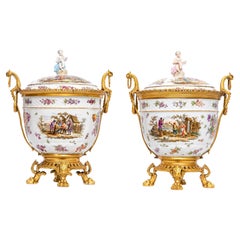 Antique Pair 18th C. Meissen Porcelain Covered Tureens w/ 19th C. French Ormolu Mounts