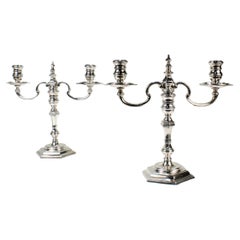 Pair 18th C Style Two-Light English Sterling Silver Candelabra by Richard Comyns