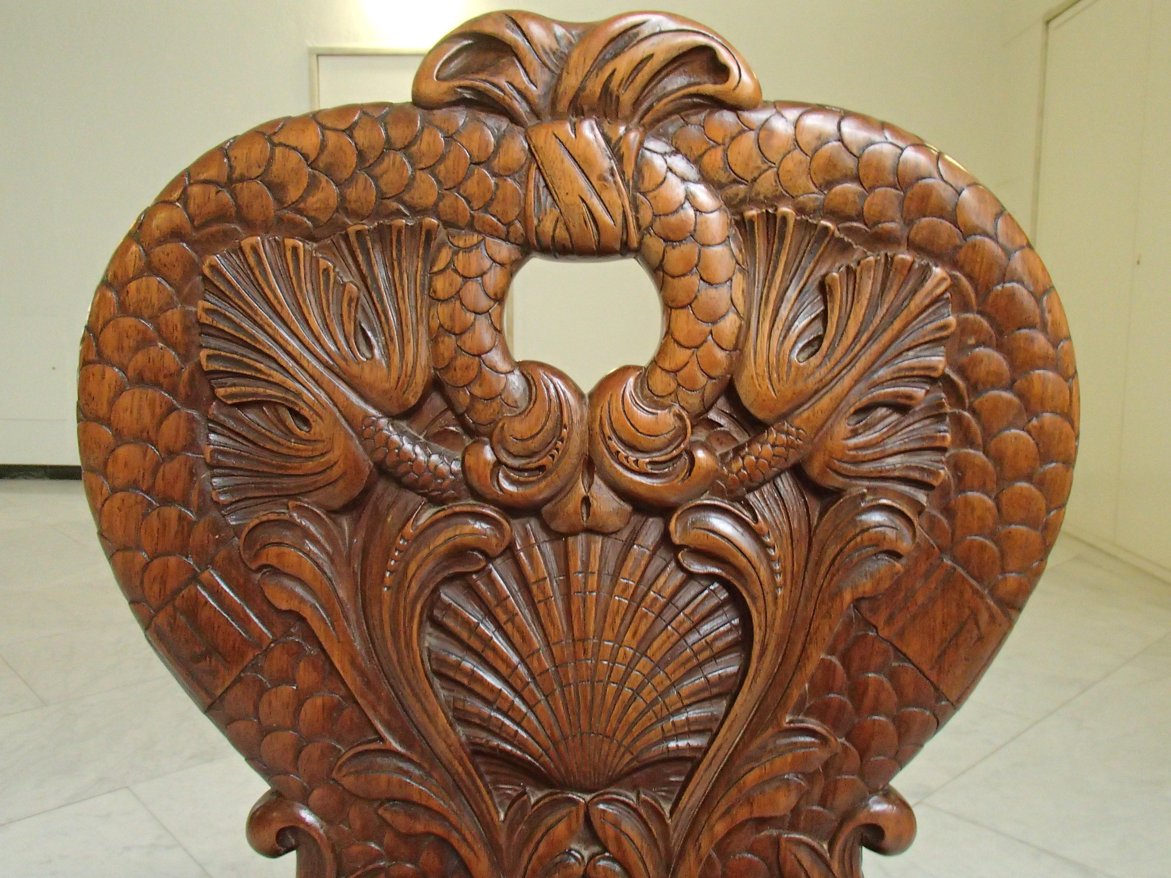 Pair of Brutalist Wooden Chairs Carved with Fabulous Creatures, Dragons 3
