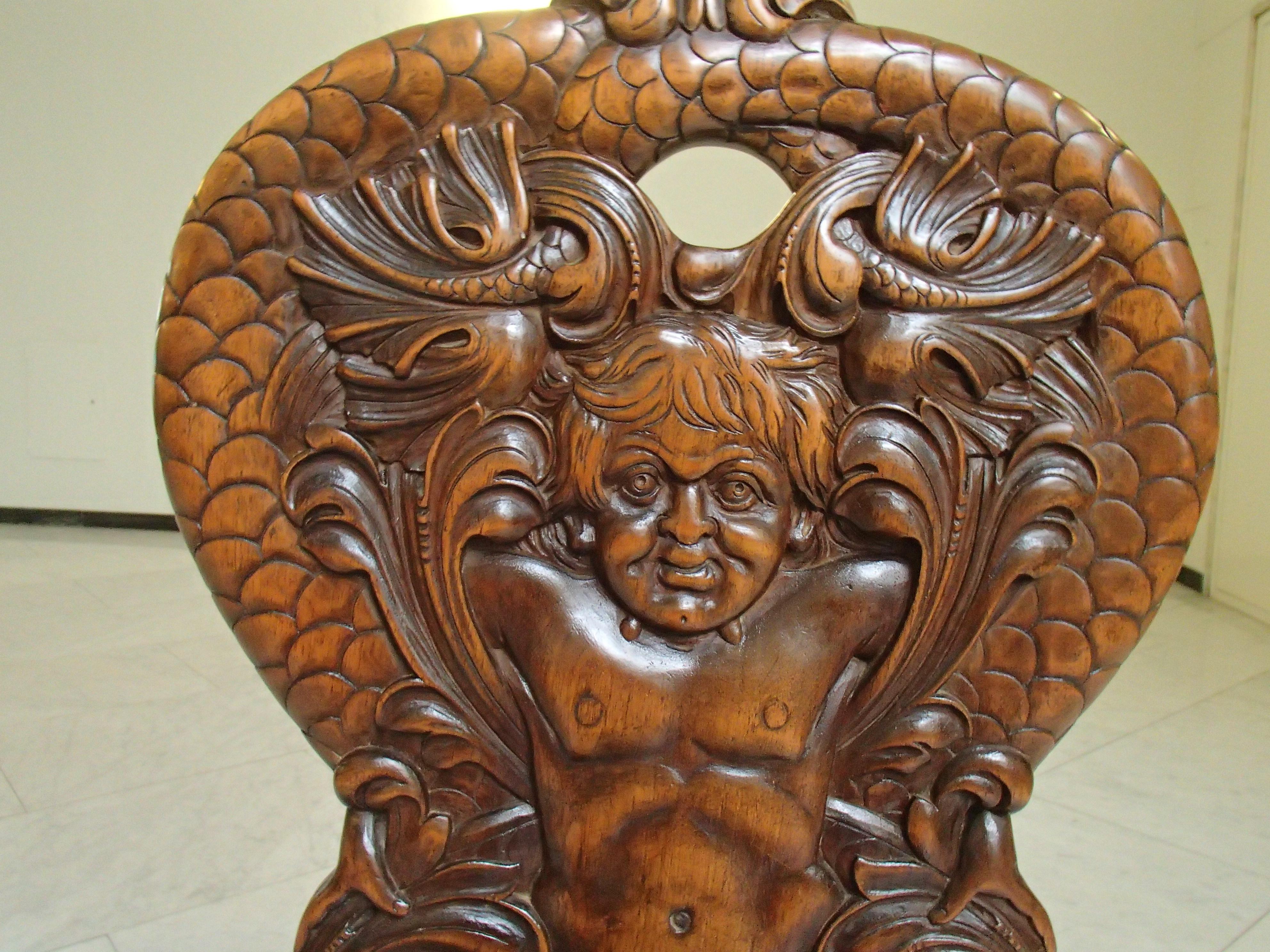 Pair of Brutalist Wooden Chairs Carved with Fabulous Creatures - Dragons 5