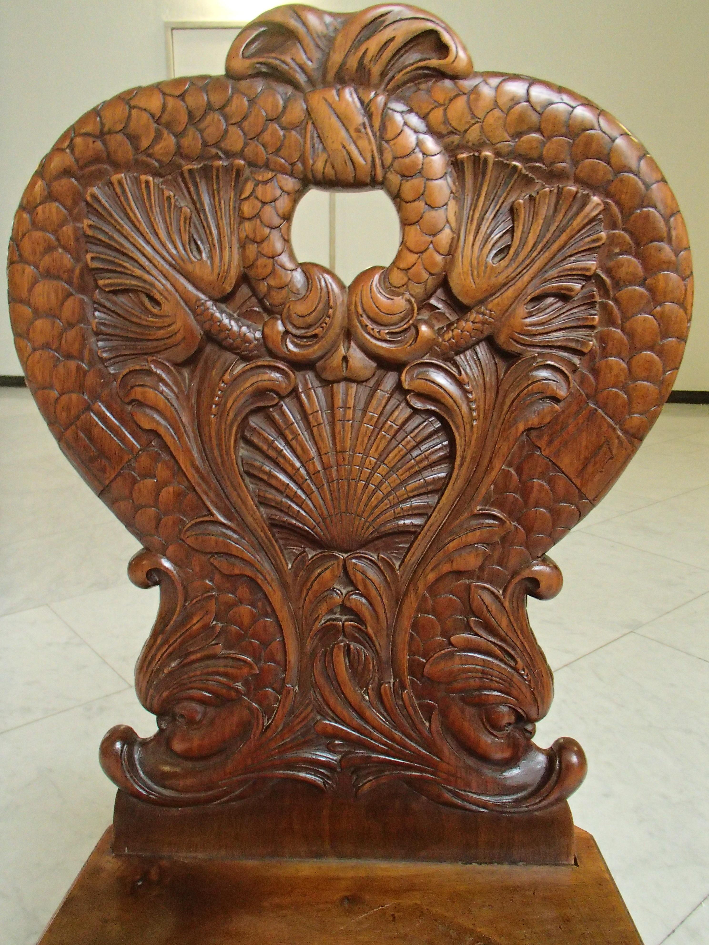 Pair of Brutalist Wooden Chairs Carved with Fabulous Creatures, Dragons 1