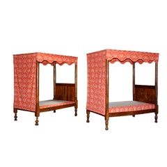 Pair 18th Century Antique French Four Poster Tester Canopy Cherry Twin Beds
