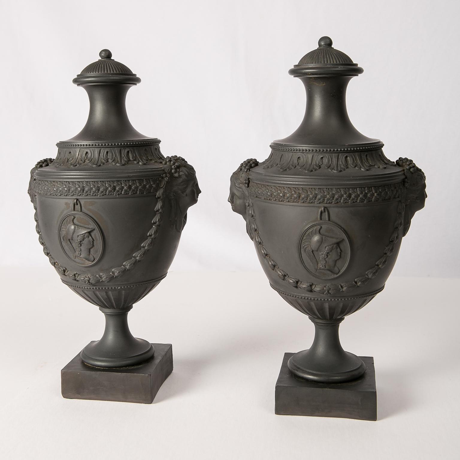 Pair of Antique Black Basalt Covered Urns 18th Century 1