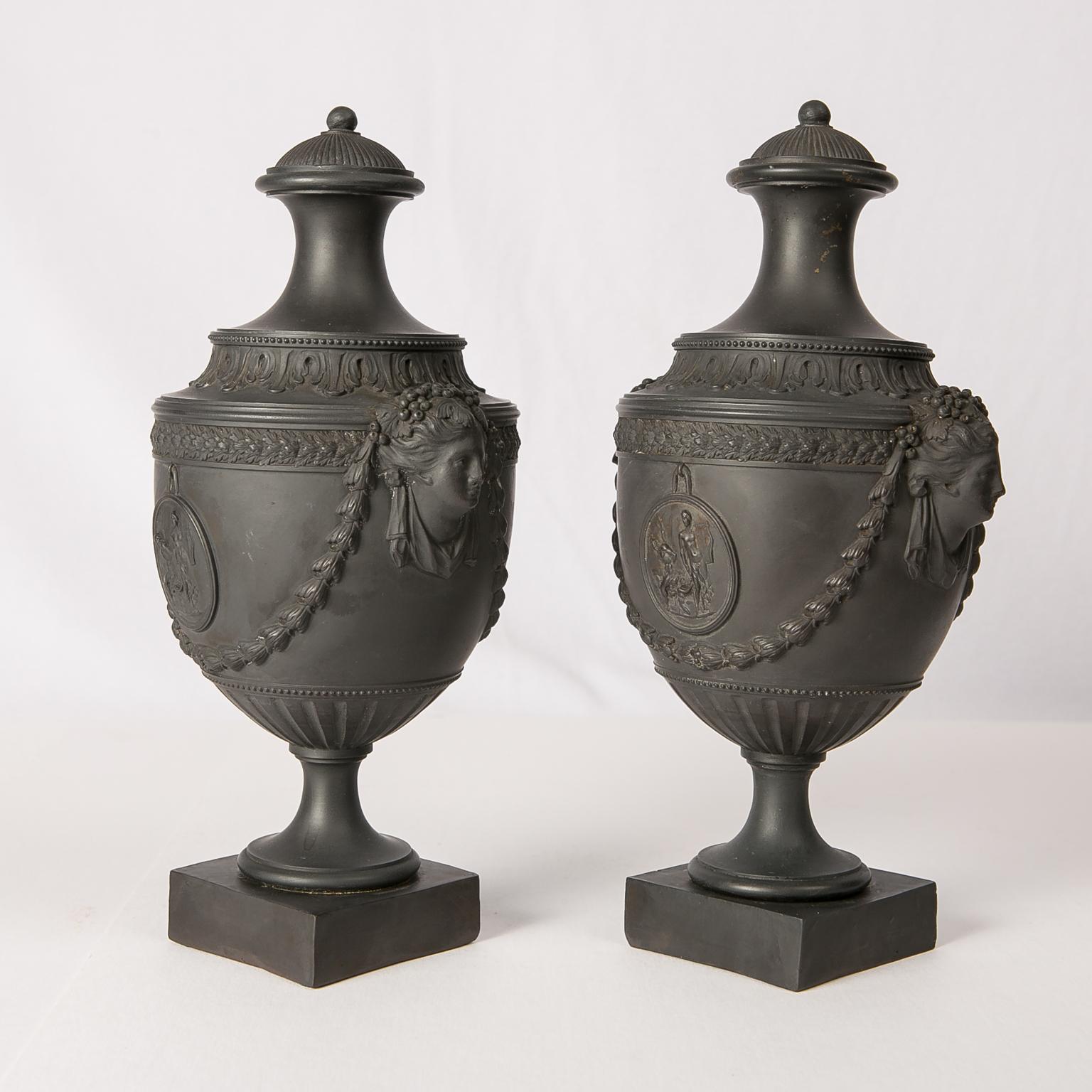 Neoclassical Pair of Antique Black Basalt Covered Urns 18th Century