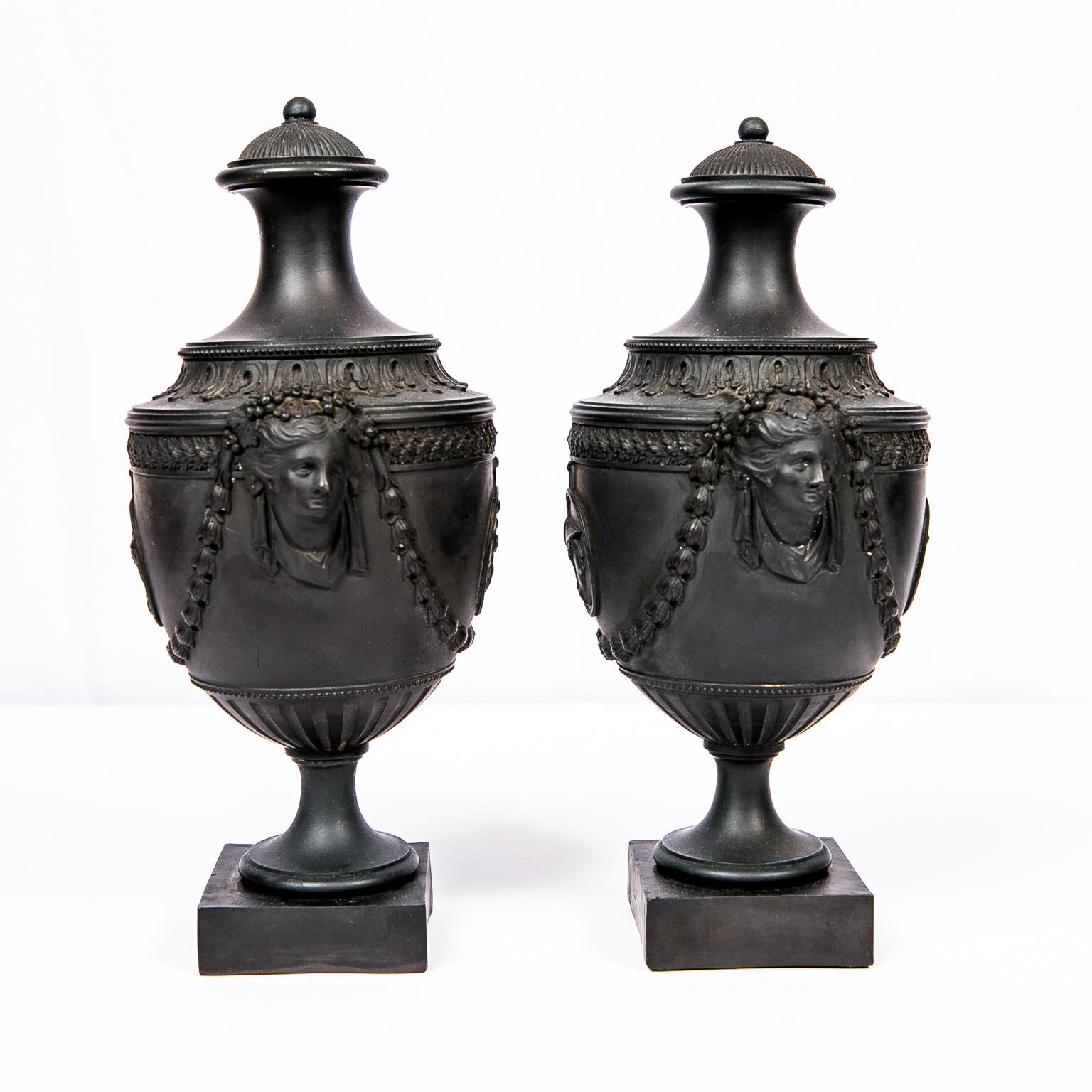 Pair of 18th Century Black Basalt Covered Urns In Excellent Condition In Katonah, NY