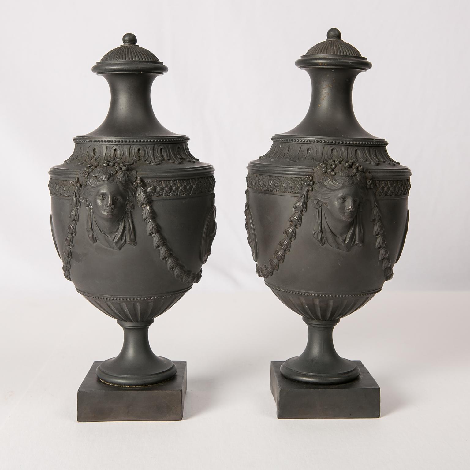 British Pair of Antique Black Basalt Covered Urns 18th Century