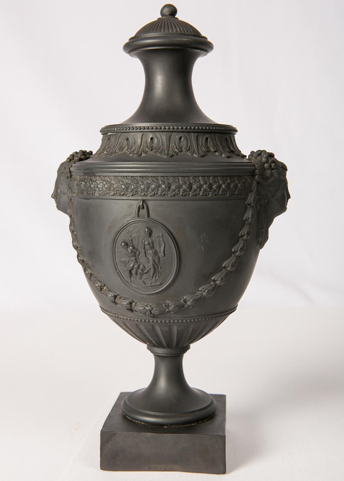 18th Century and Earlier Pair of Antique Black Basalt Covered Urns 18th Century